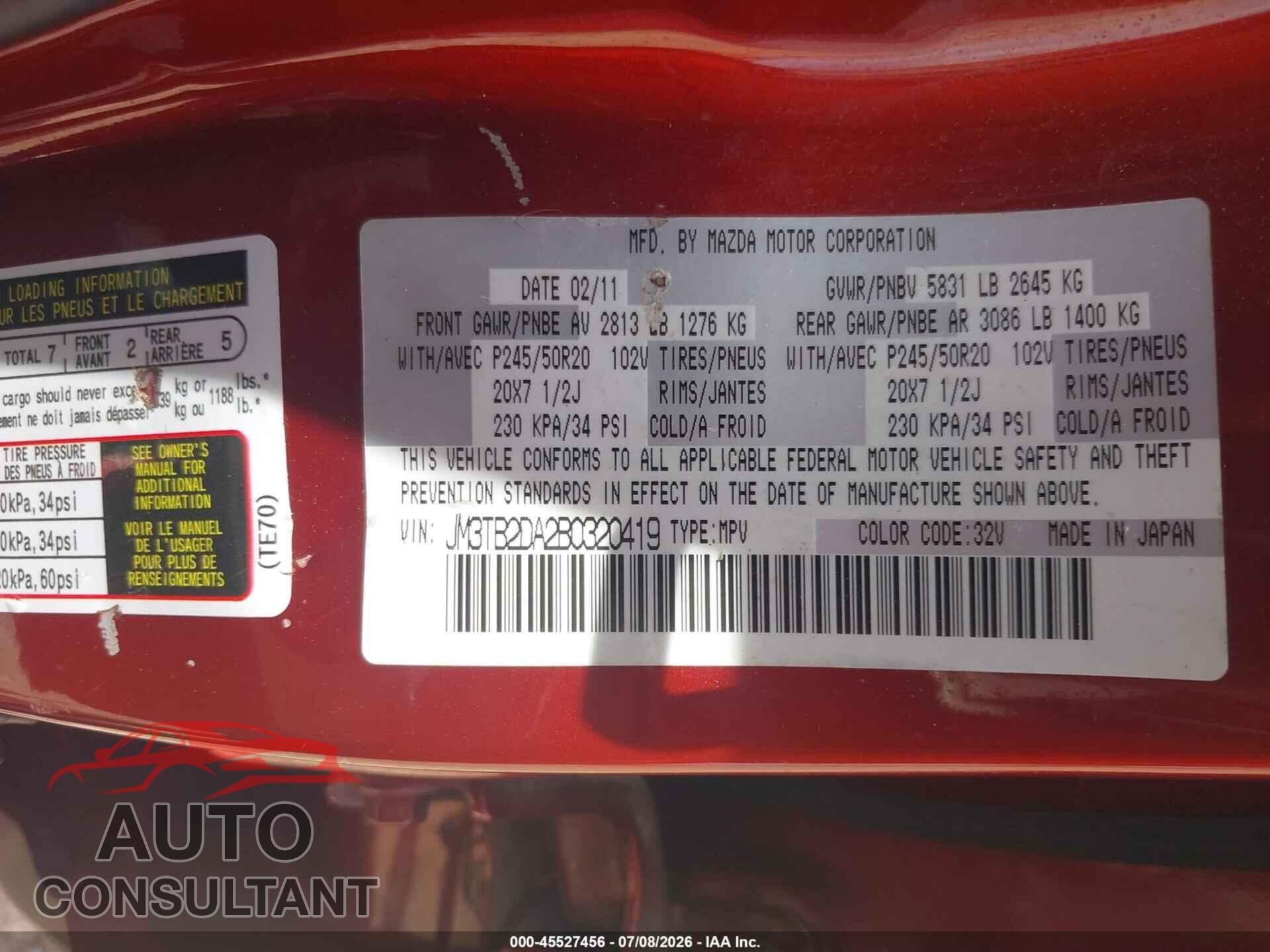 MAZDA CX-9 2011 - JM3TB2DA2B0320419