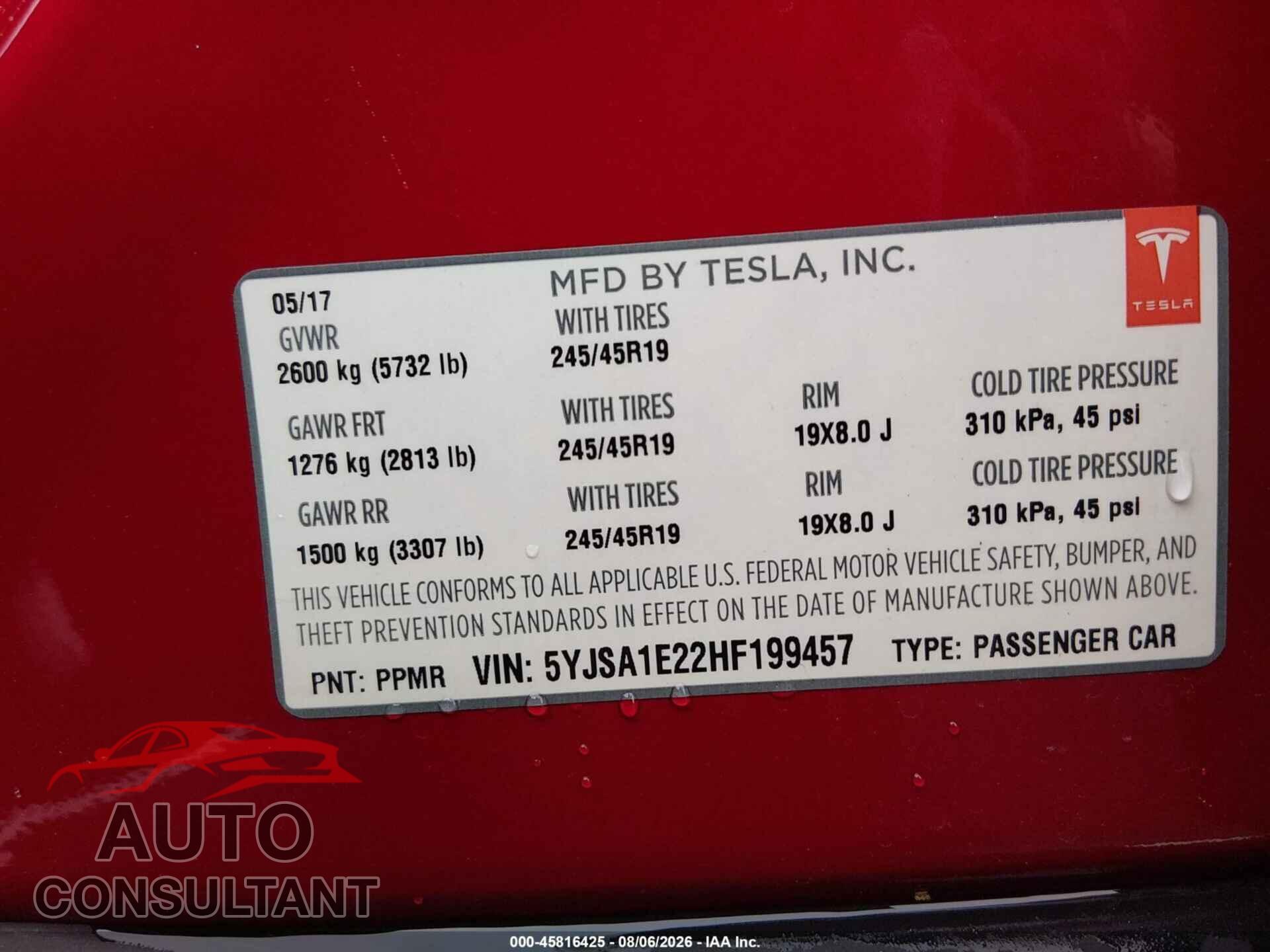 TESLA MODEL S 2017 - 5YJSA1E22HF199457