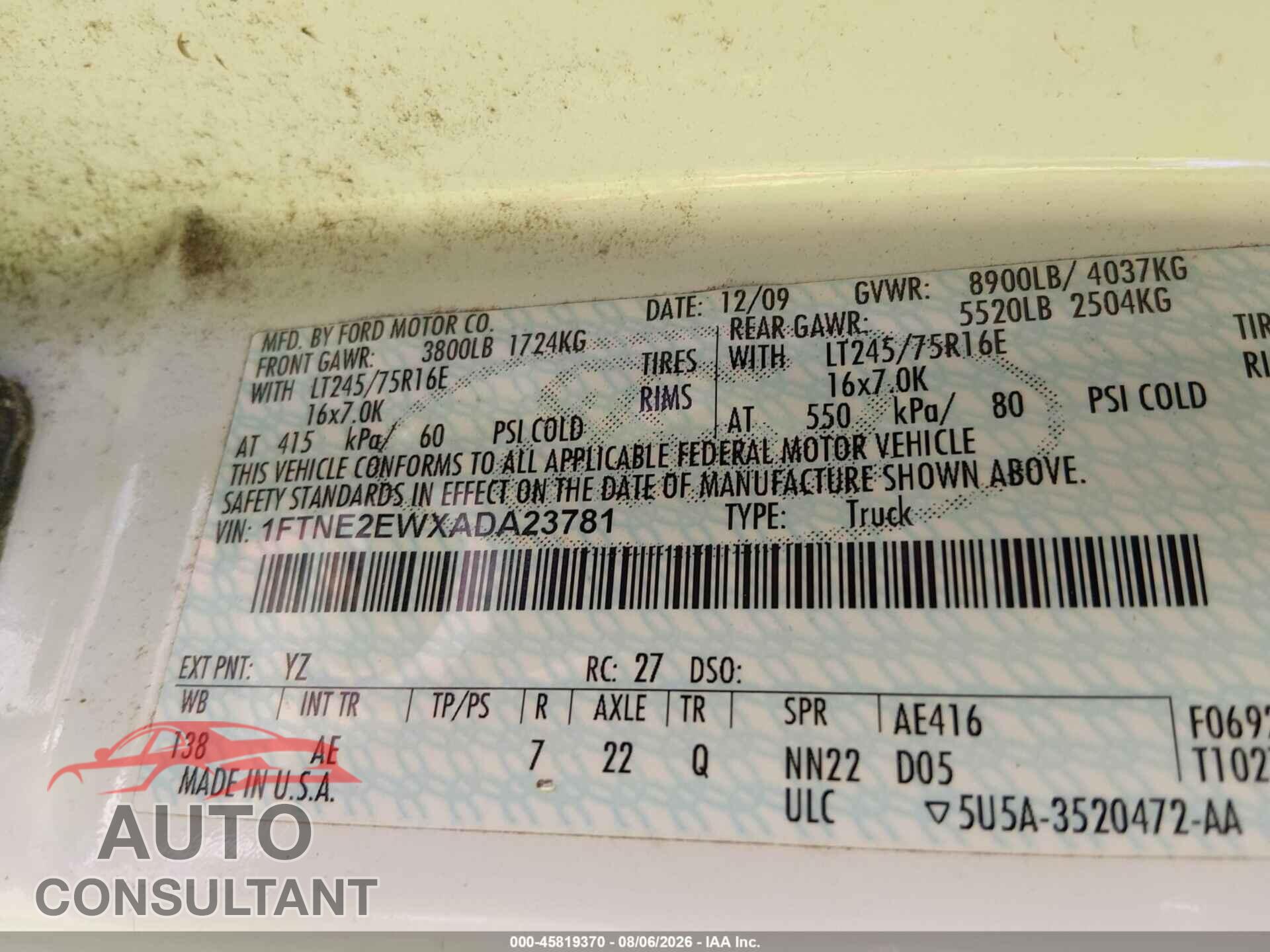 FORD E-250 2010 - 1FTNE2EWXADA23781