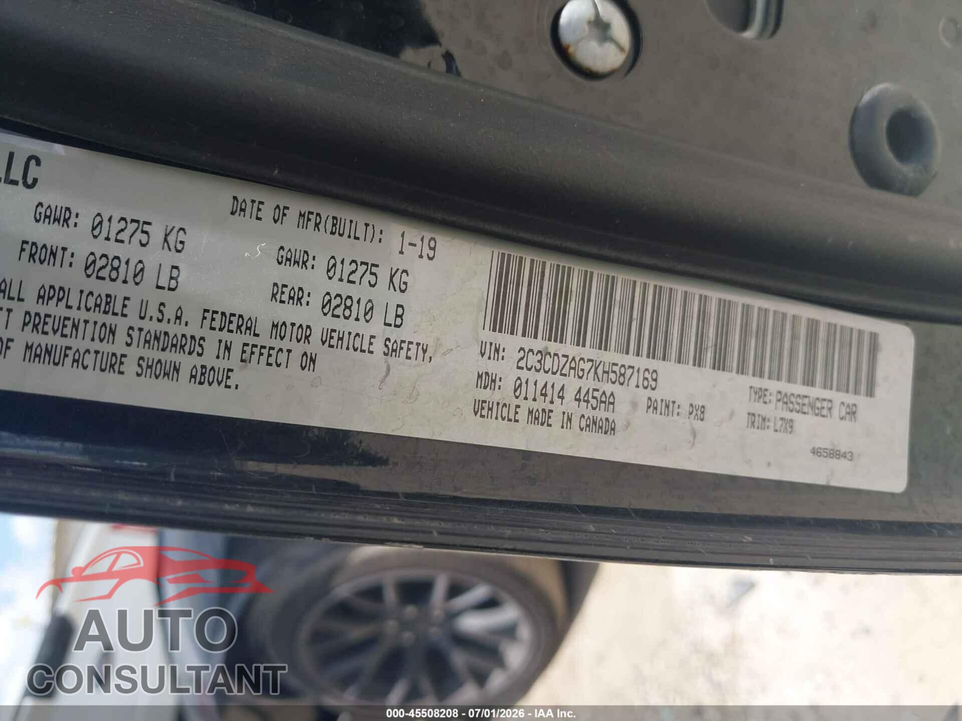 DODGE CHALLENGER 2019 - 2C3CDZAG7KH587169