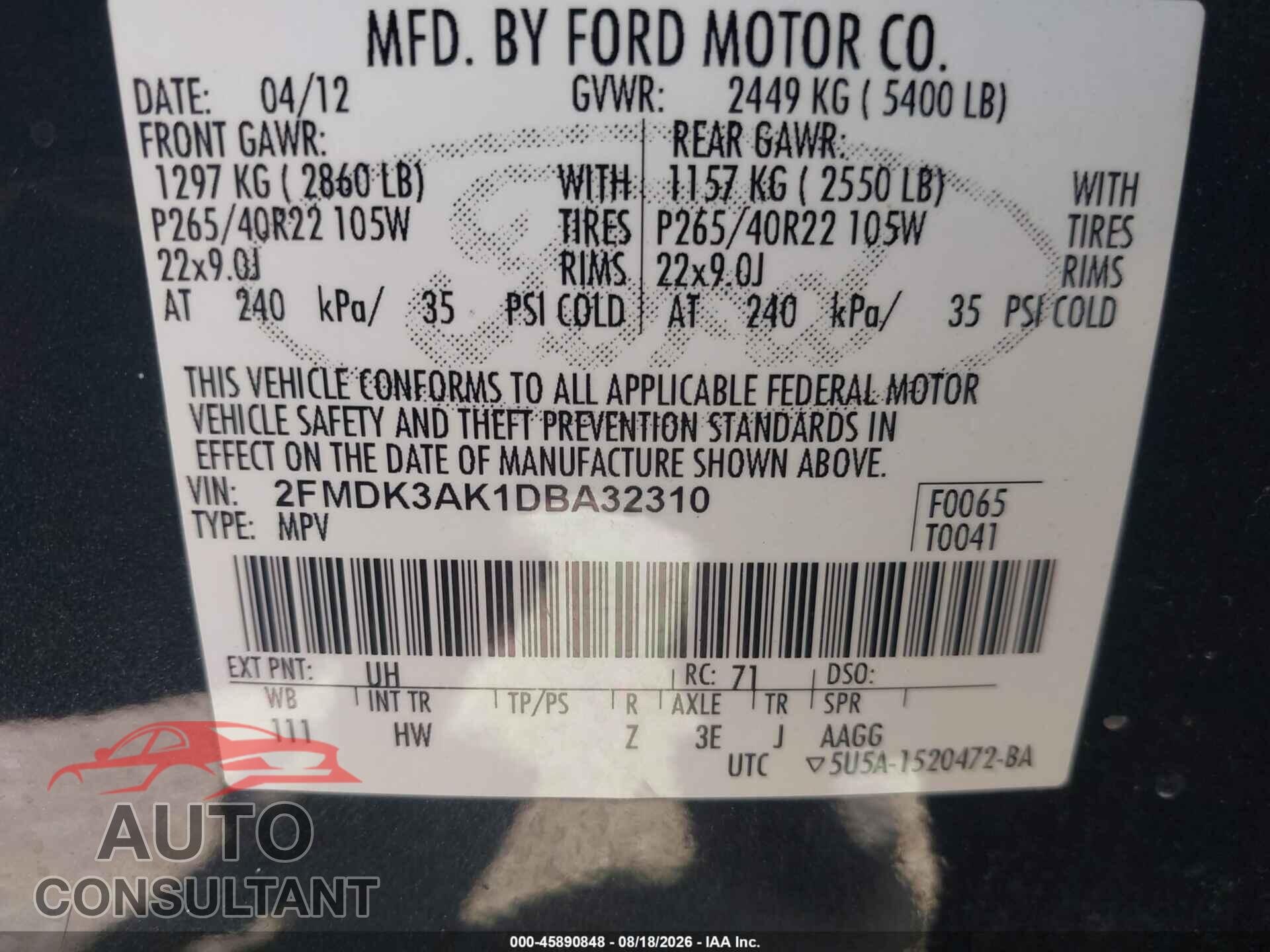 FORD EDGE 2013 - 2FMDK3AK1DBA32310