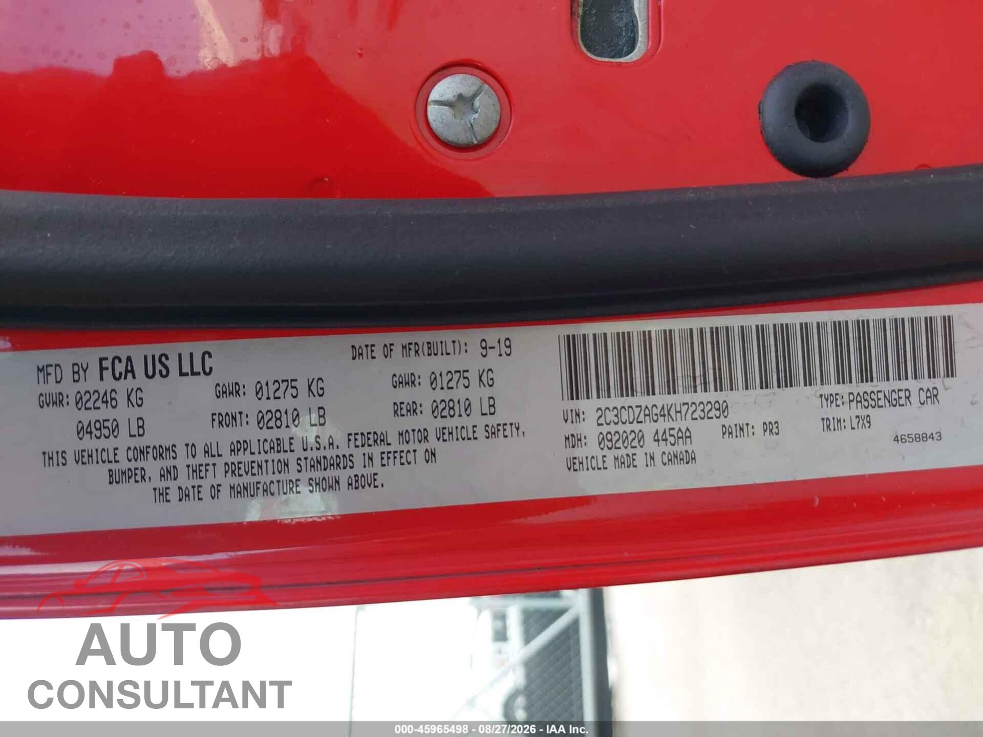 DODGE CHALLENGER 2019 - 2C3CDZAG4KH723290