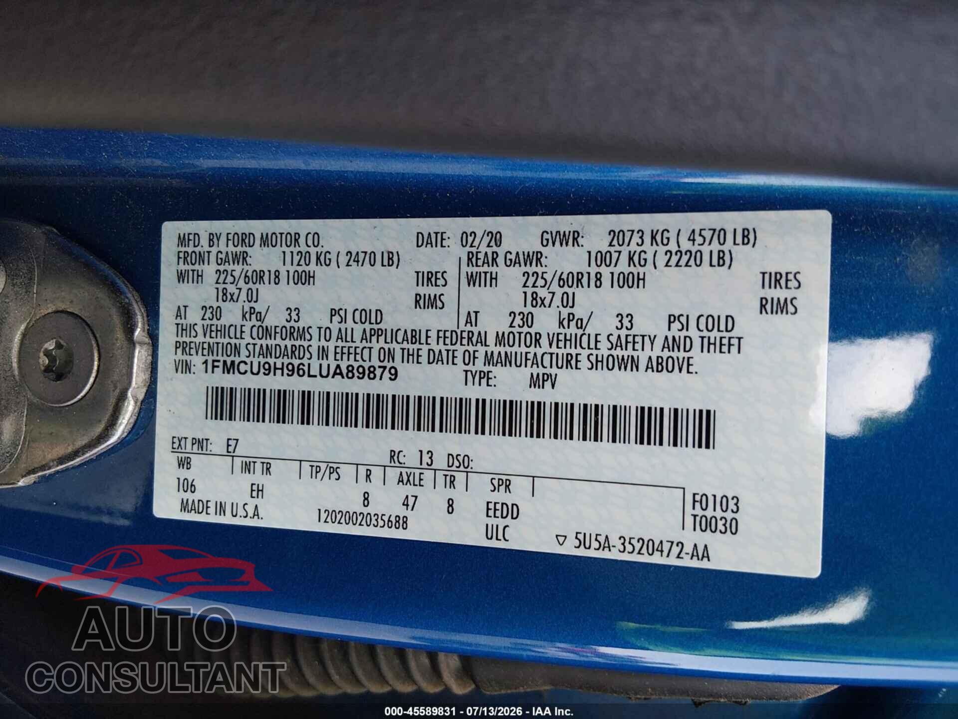 FORD ESCAPE 2020 - 1FMCU9H96LUA89879