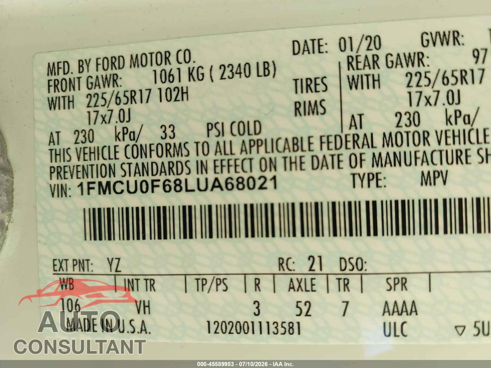 FORD ESCAPE 2020 - 1FMCU0F68LUA68021