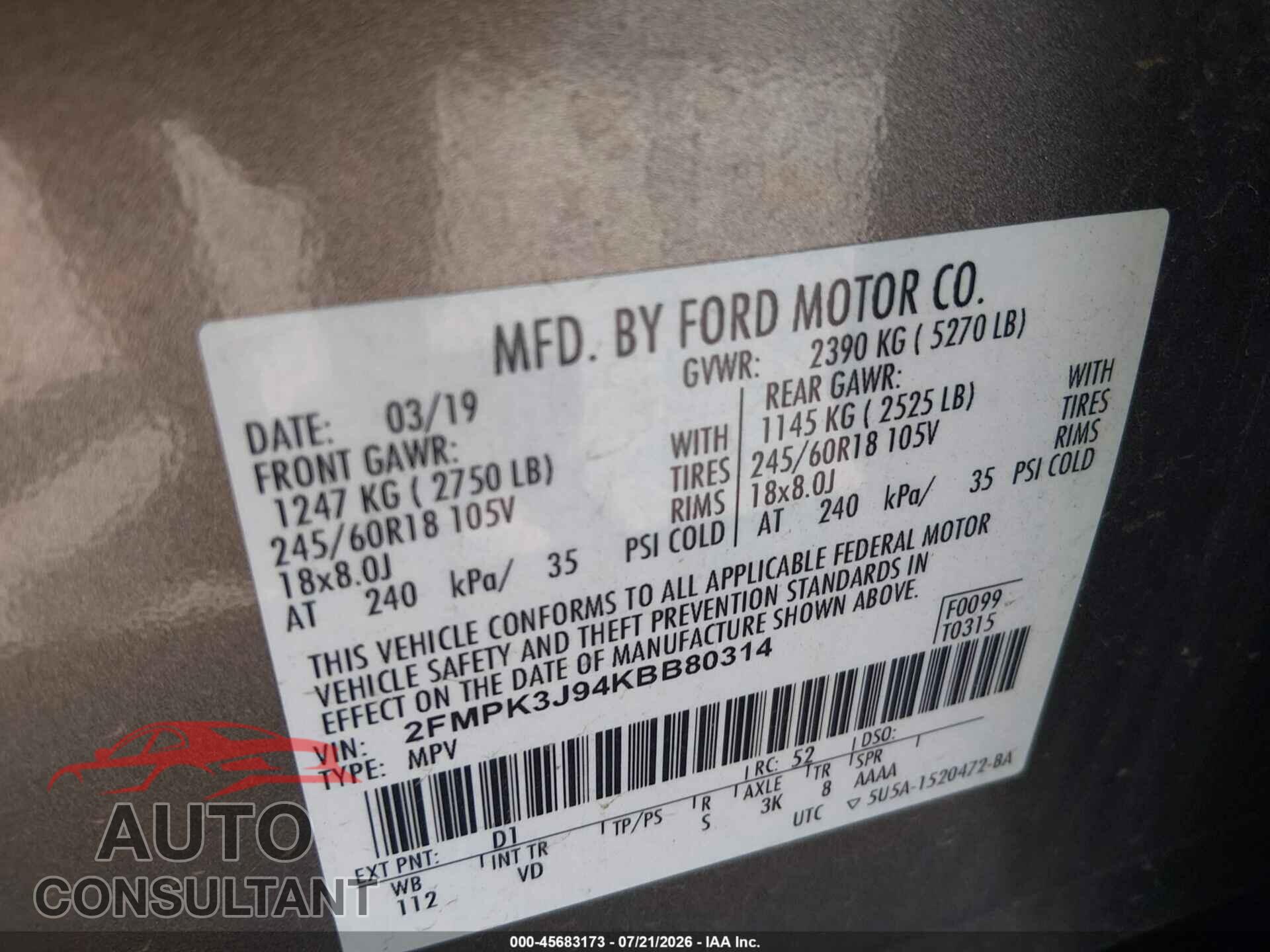FORD EDGE 2019 - 2FMPK3J94KBB80314