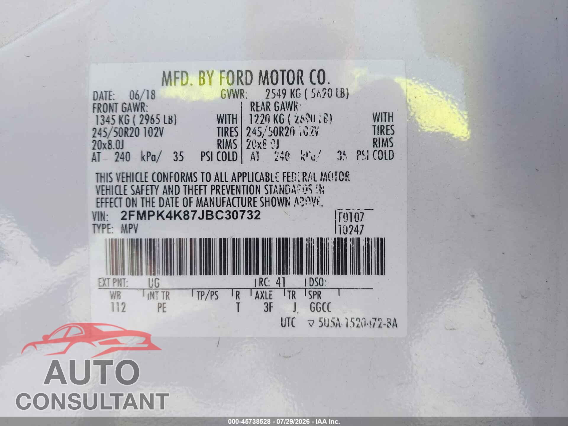 FORD EDGE 2018 - 2FMPK4K87JBC30732