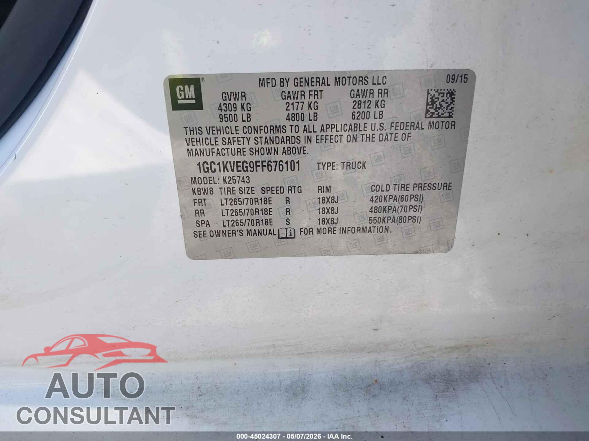 CHEVROLET SILVERADO 2500HD 2015 - 1GC1KVEG9FF676101