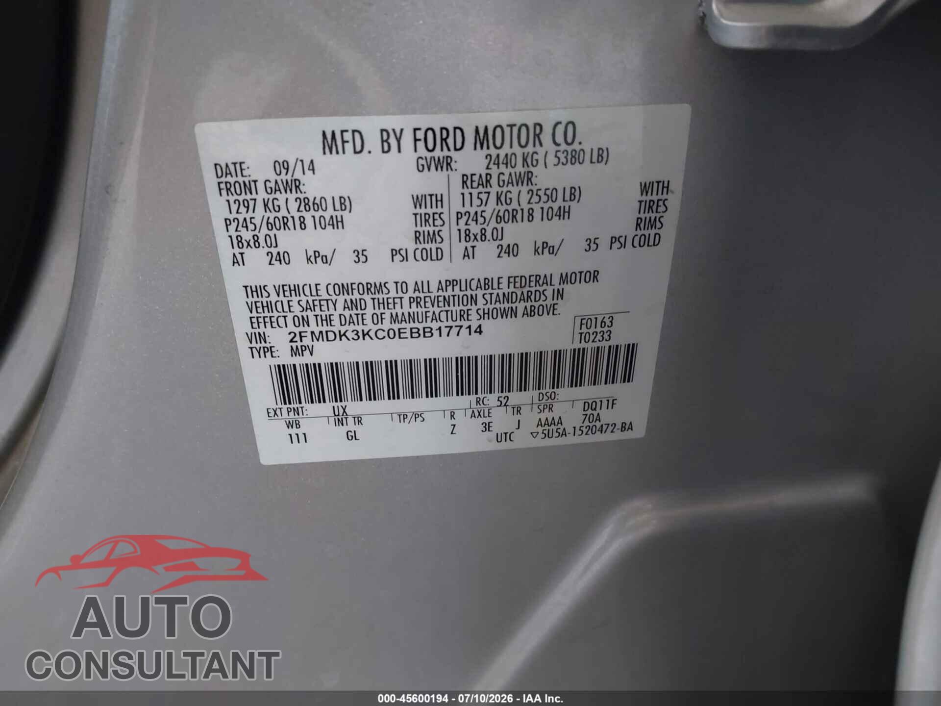 FORD EDGE 2014 - 2FMDK3KC0EBB17714
