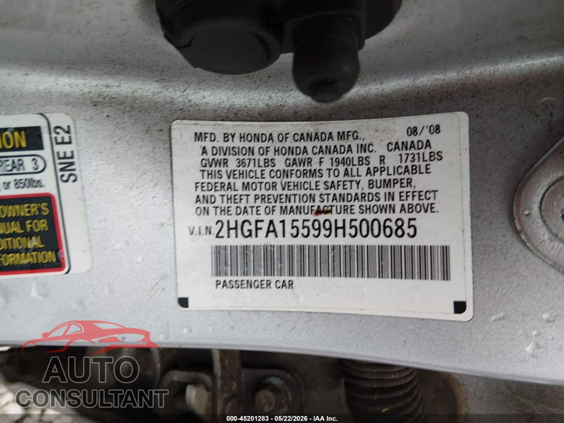 HONDA CIVIC 2009 - 2HGFA15599H500685