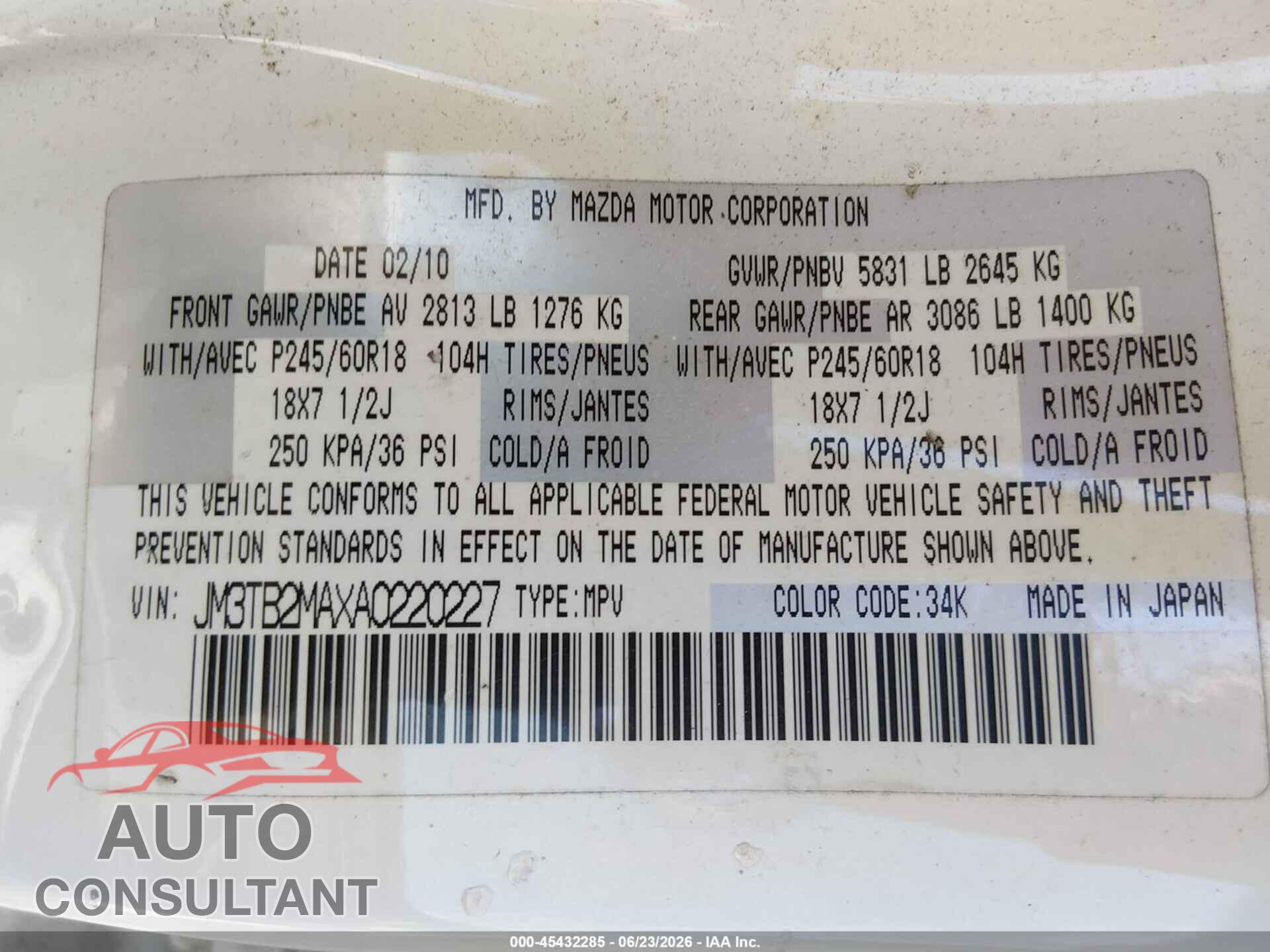 MAZDA CX-9 2010 - JM3TB2MAXA0220227