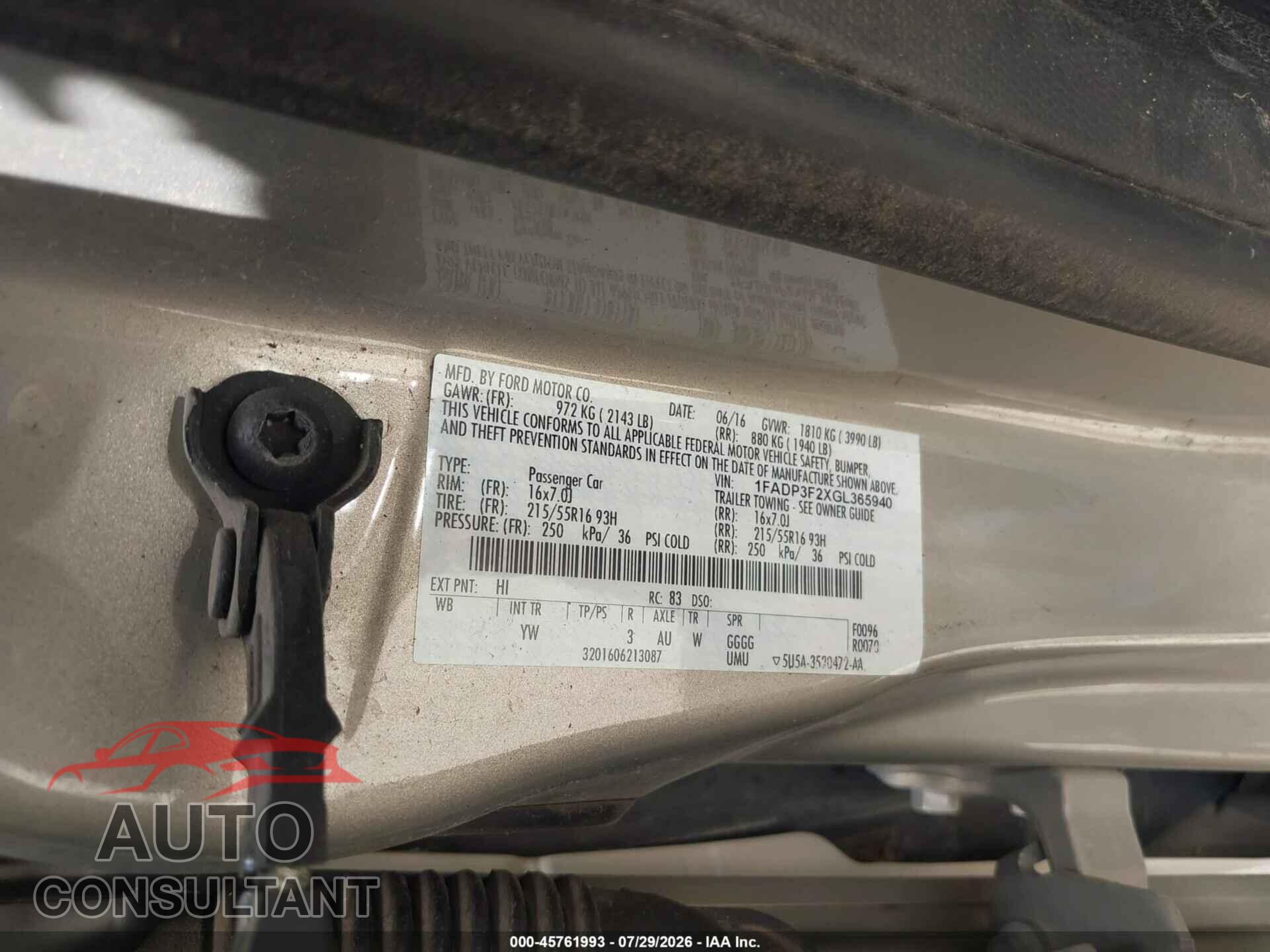 FORD FOCUS 2016 - 1FADP3F2XGL365940