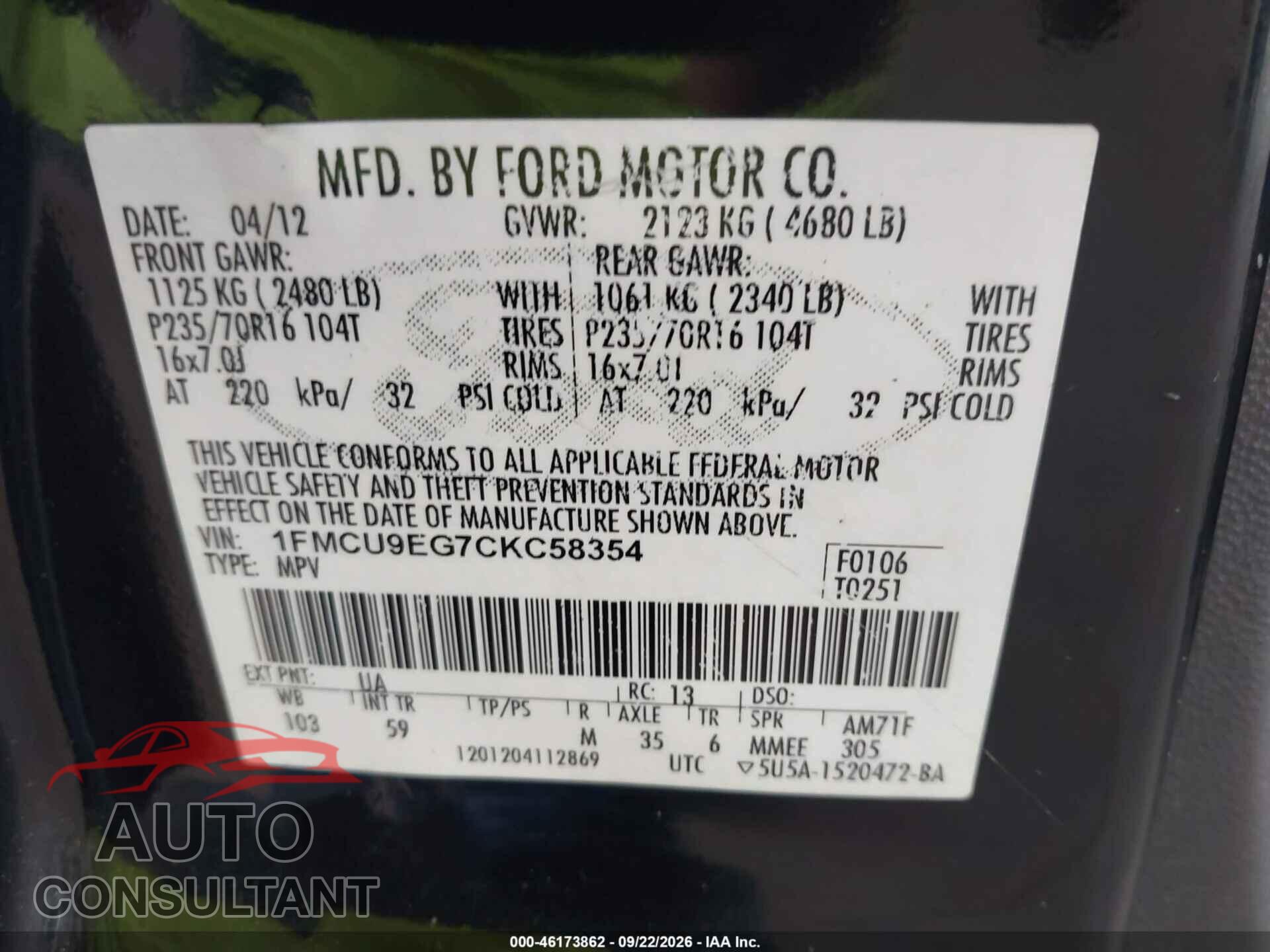 FORD ESCAPE 2012 - 1FMCU9EG7CKC58354