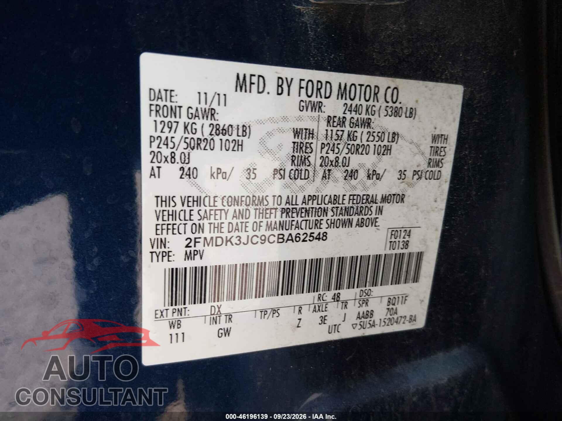 FORD EDGE 2012 - 2FMDK3JC9CBA62548