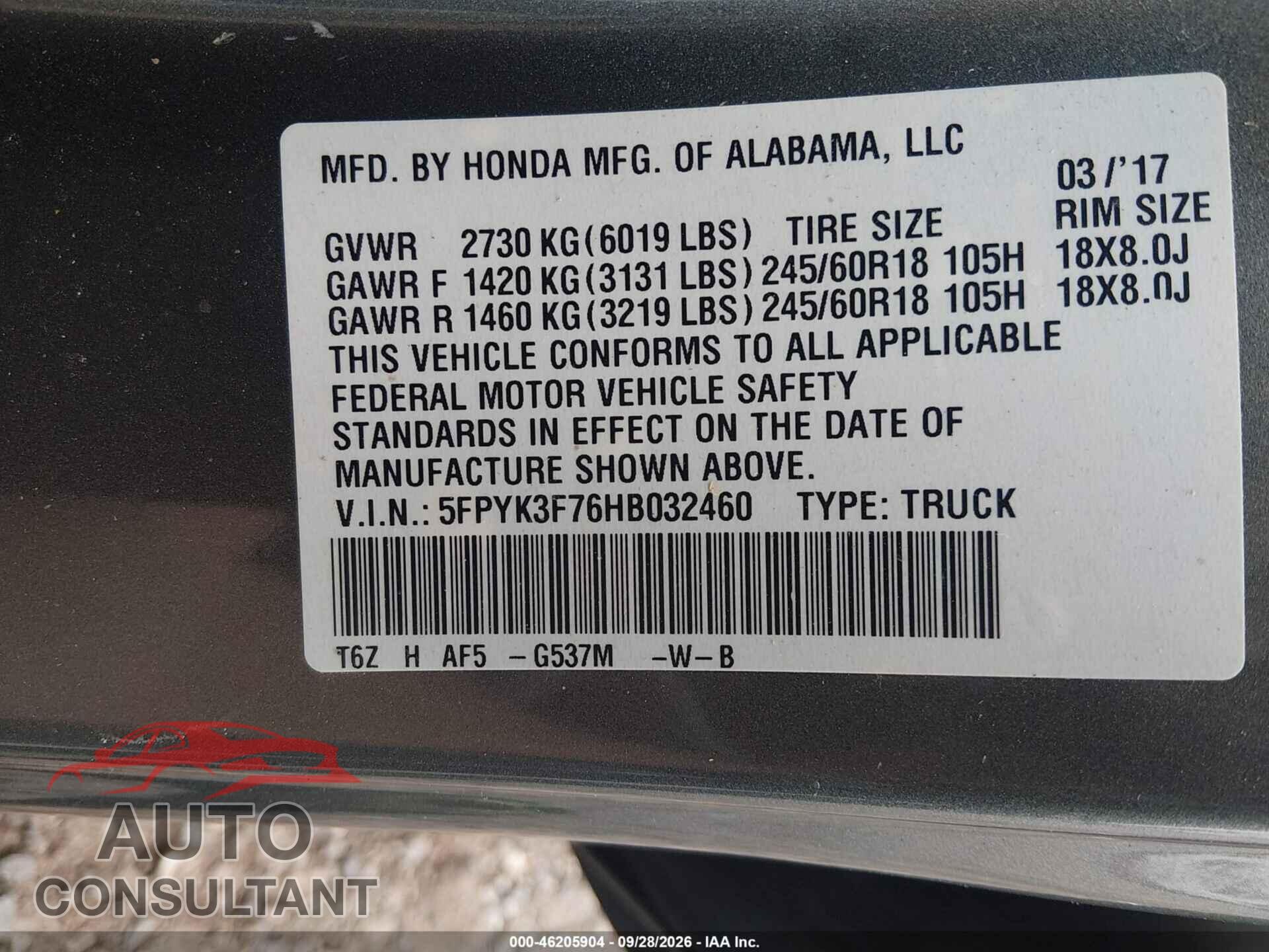 HONDA RIDGELINE 2017 - 5FPYK3F76HB032460
