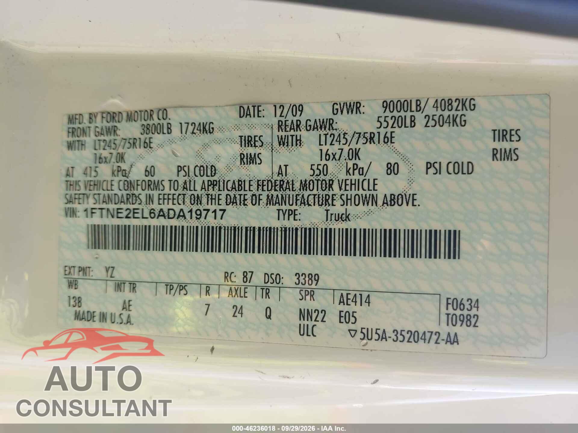 FORD E-250 2010 - 1FTNE2EL6ADA19717