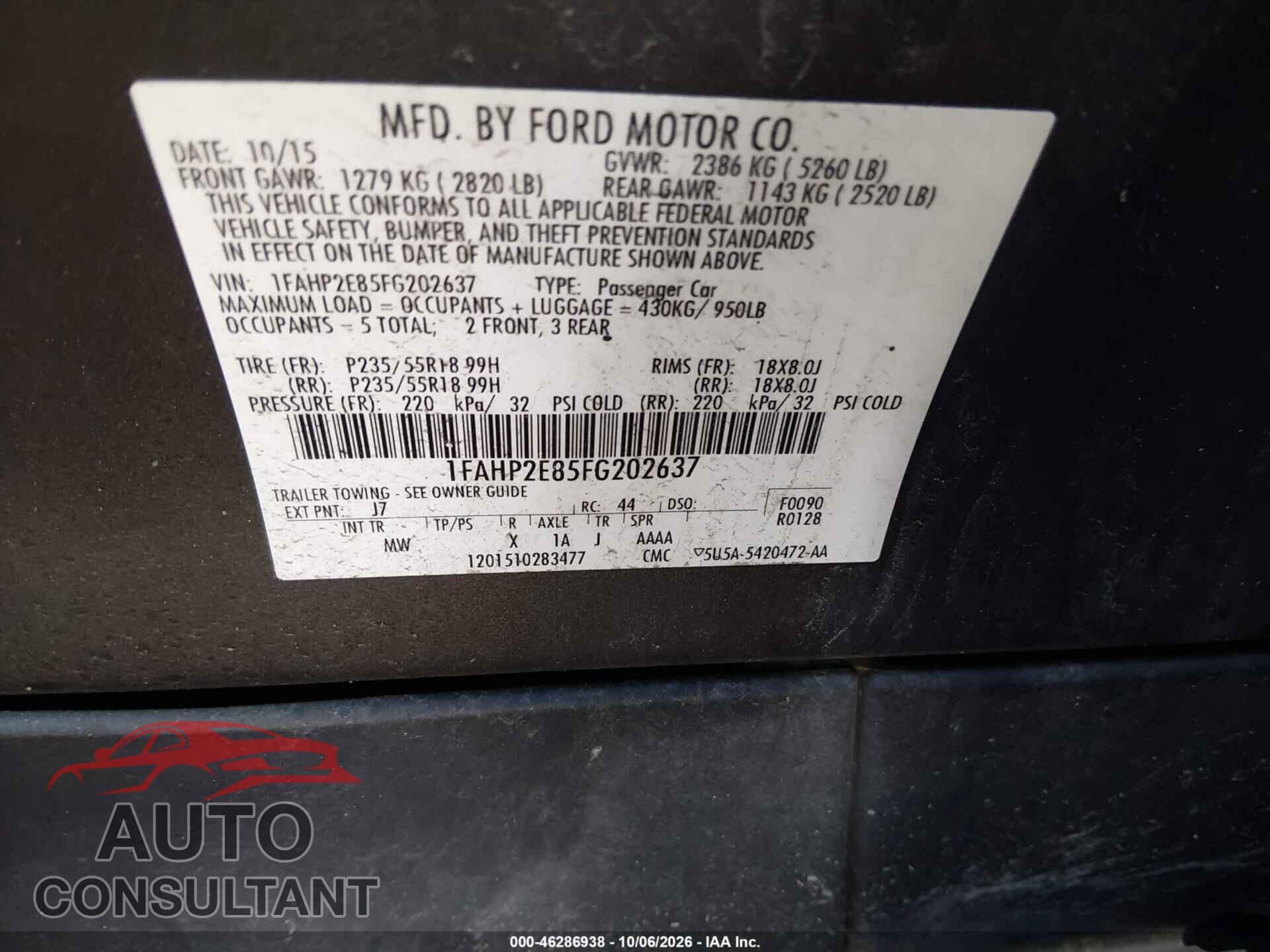 FORD TAURUS 2015 - 1FAHP2E85FG202637