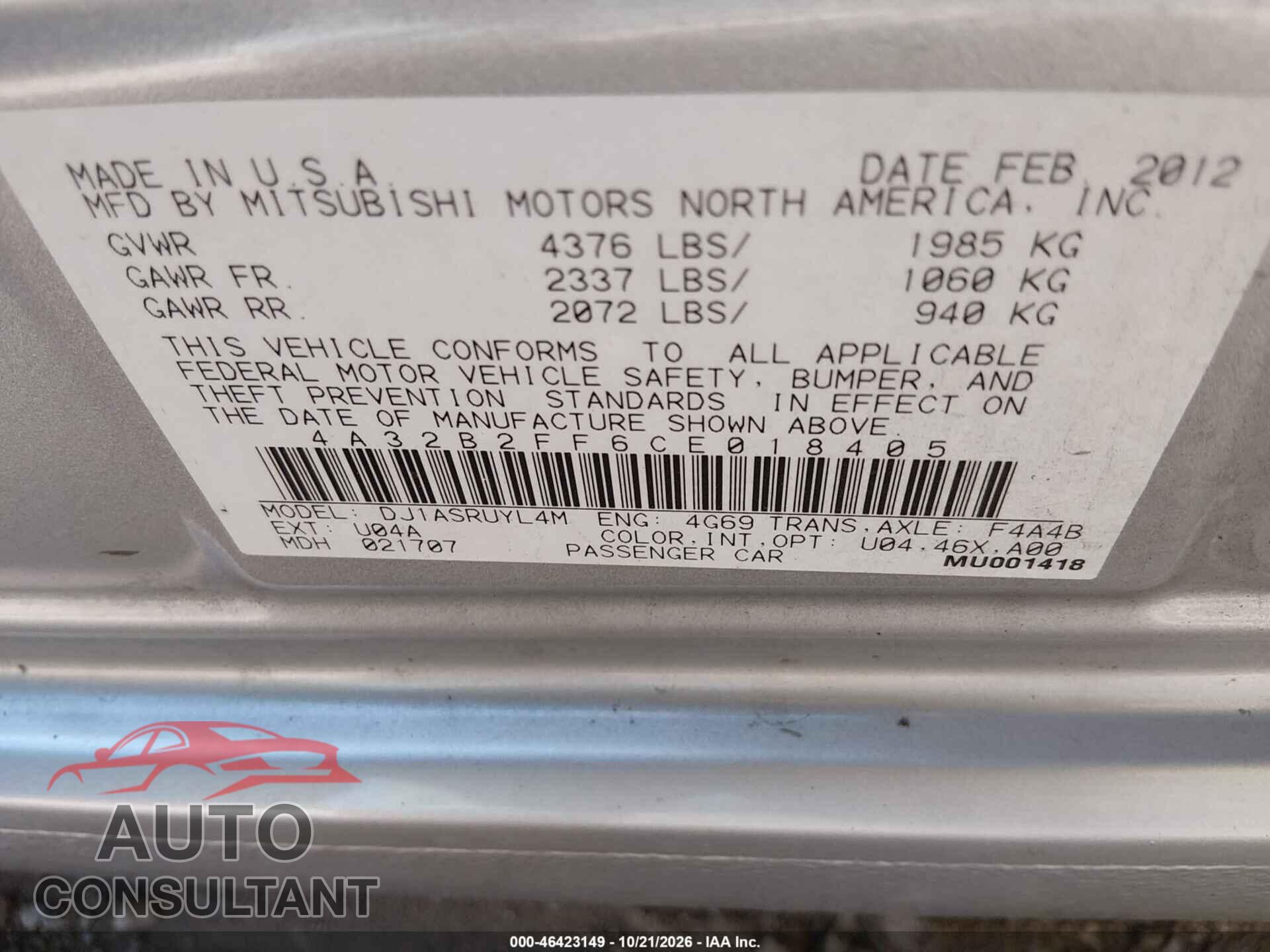 MITSUBISHI GALANT 2012 - 4A32B2FF6CE018405