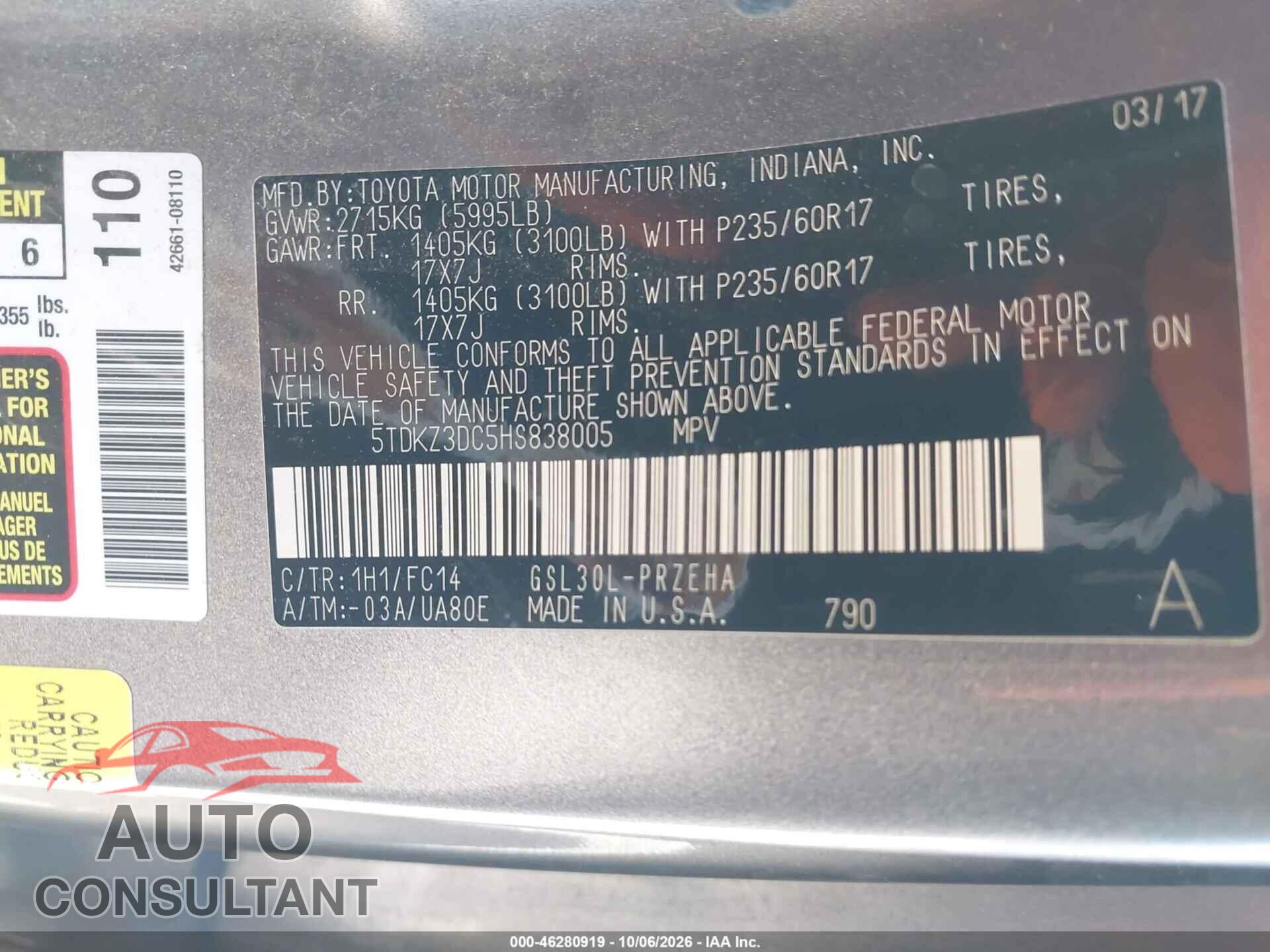 TOYOTA SIENNA 2017 - 5TDKZ3DC5HS838005