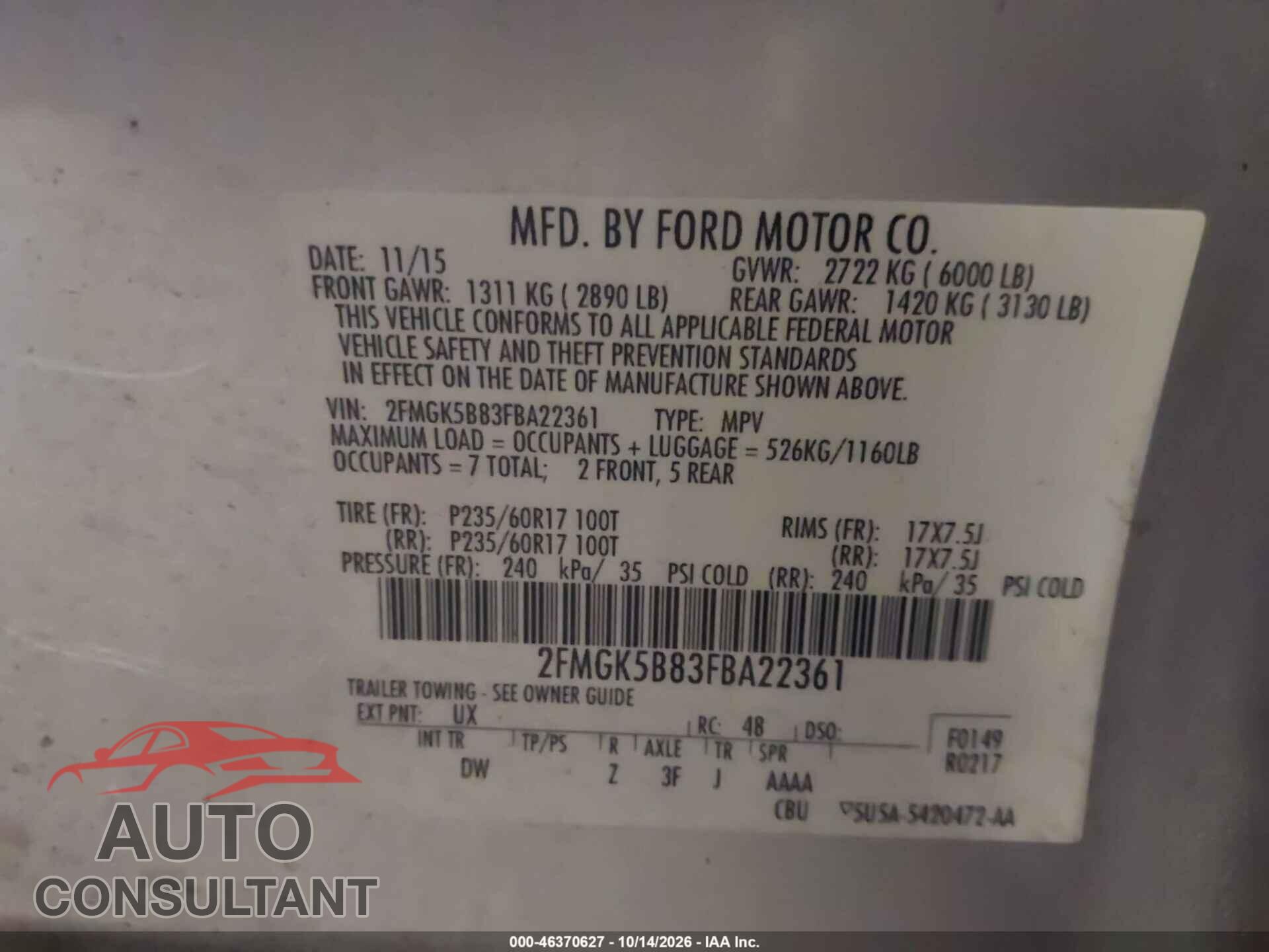 FORD FLEX 2015 - 2FMGK5B83FBA22361