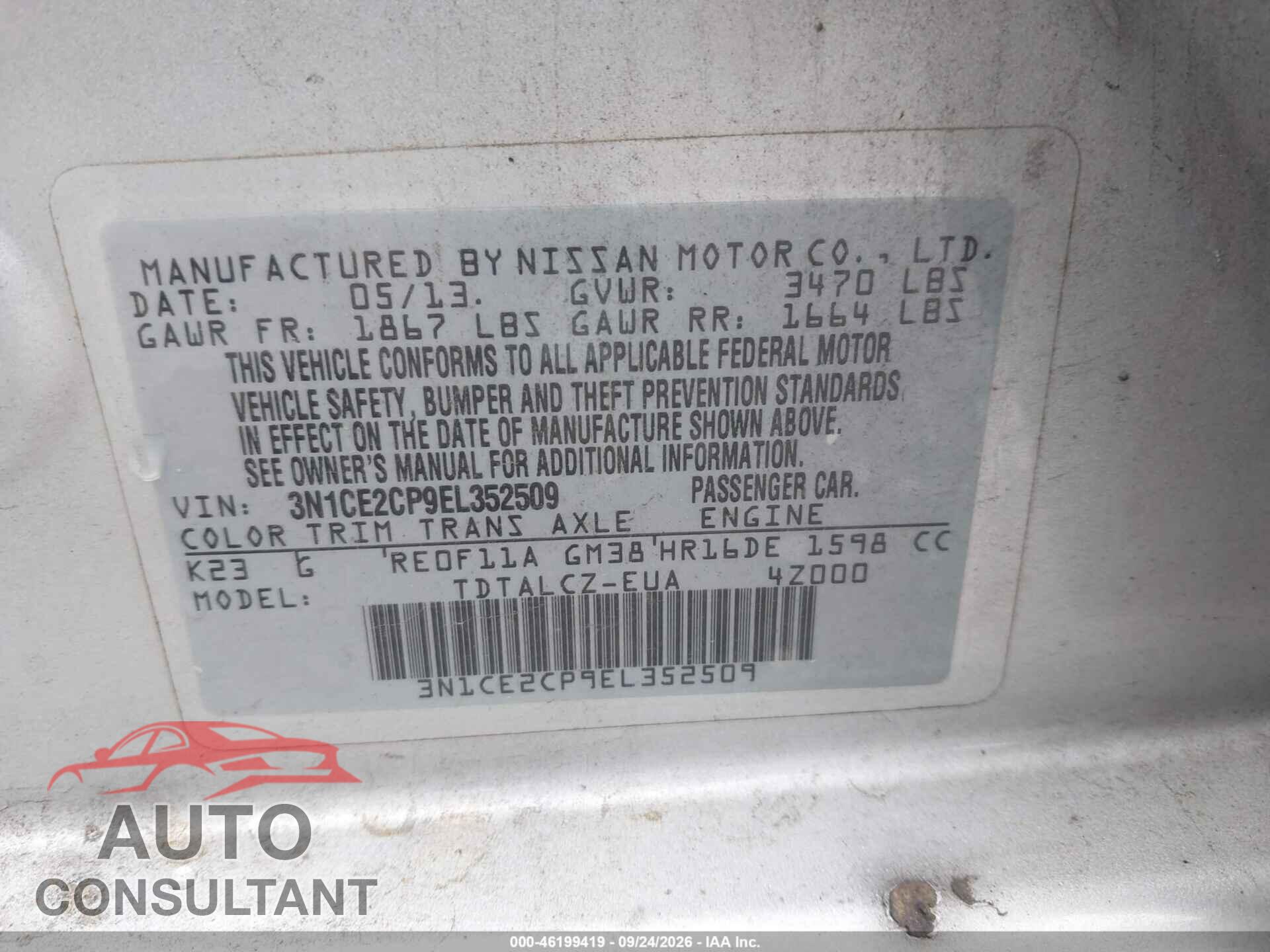 NISSAN VERSA NOTE 2014 - 3N1CE2CP9EL352509