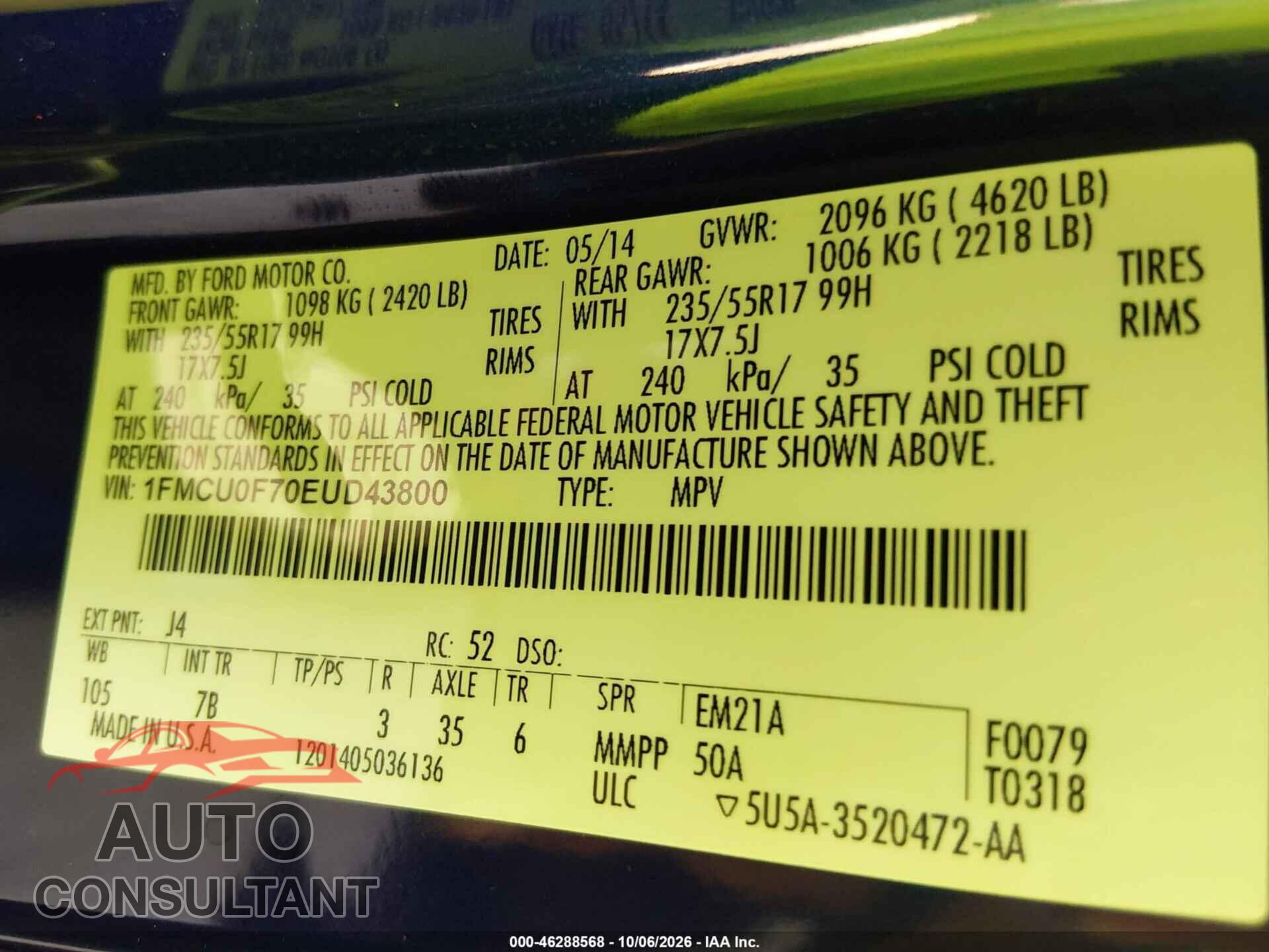 FORD ESCAPE 2014 - 1FMCU0F70EUD43800