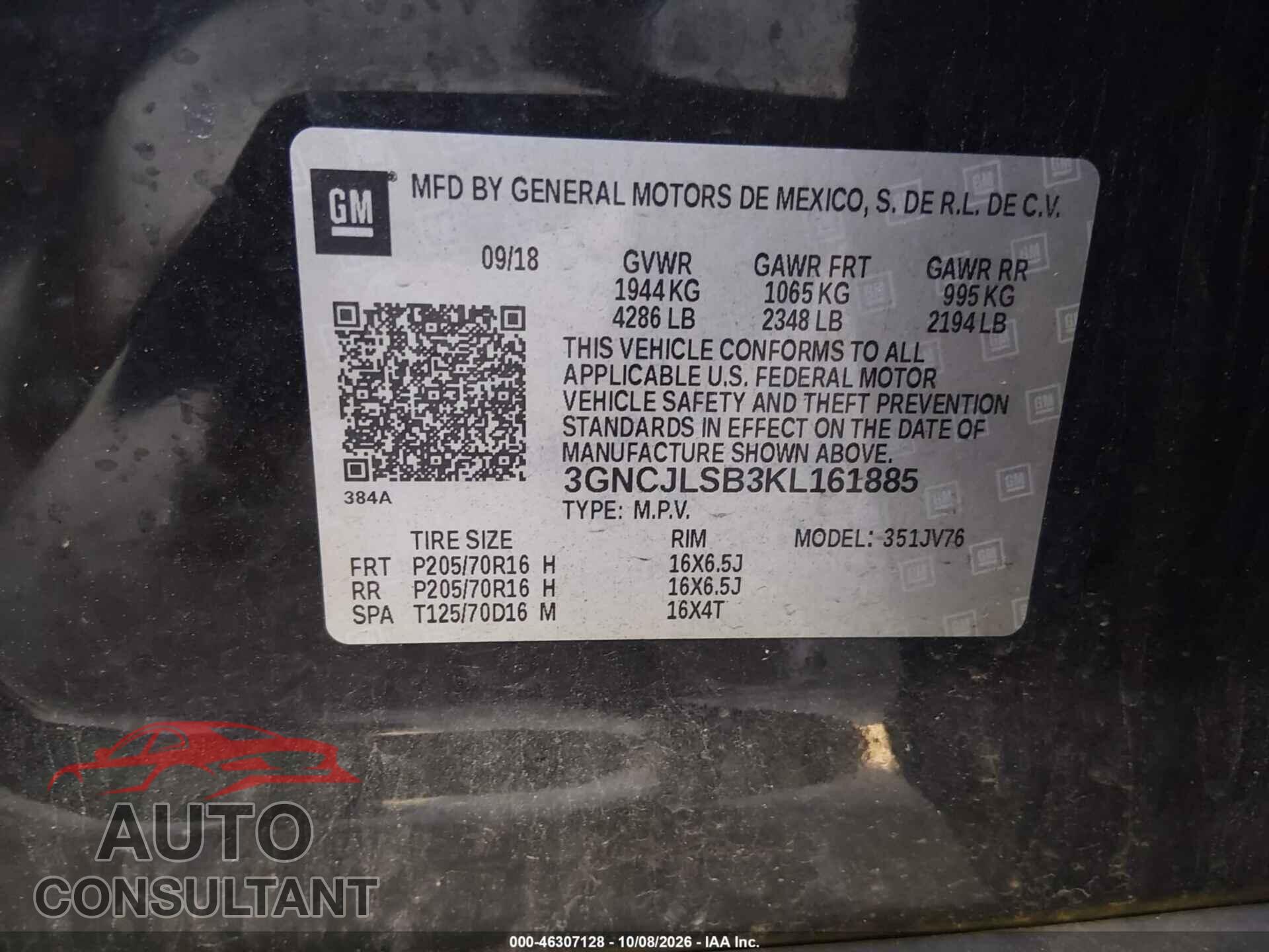 CHEVROLET TRAX 2019 - 3GNCJLSB3KL161885