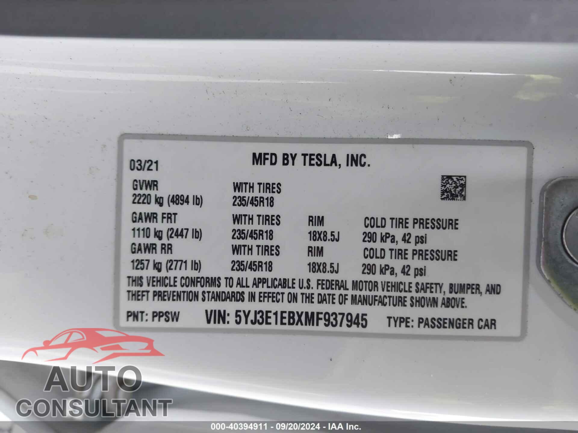 TESLA MODEL 3 2021 - 5YJ3E1EBXMF937945