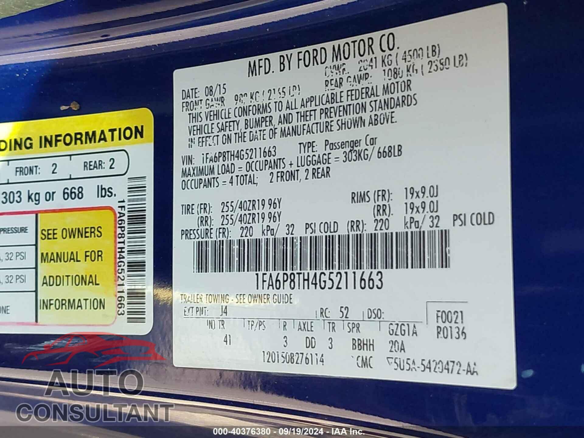 FORD MUSTANG 2016 - 1FA6P8TH4G5211663