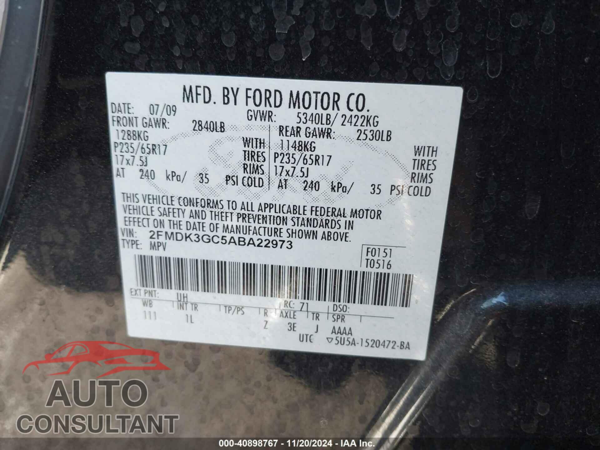 FORD EDGE 2010 - 2FMDK3GC5ABA22973