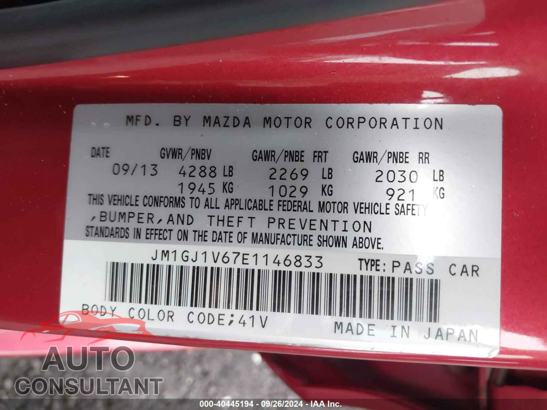 MAZDA MAZDA6 2014 - JM1GJ1V67E1146833