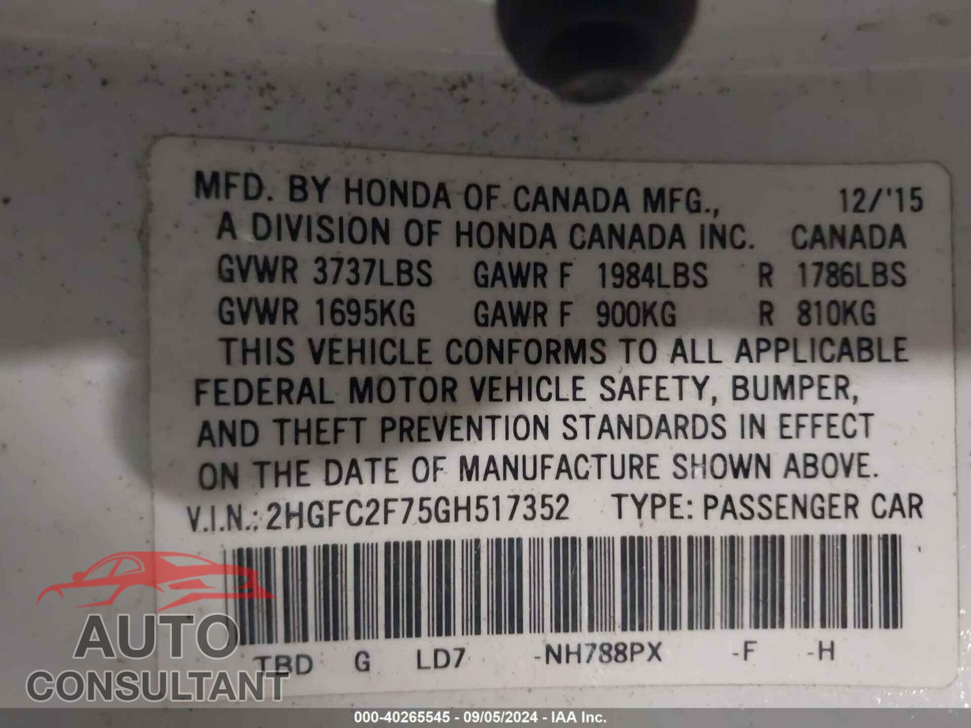 HONDA CIVIC 2016 - 2HGFC2F75GH517352
