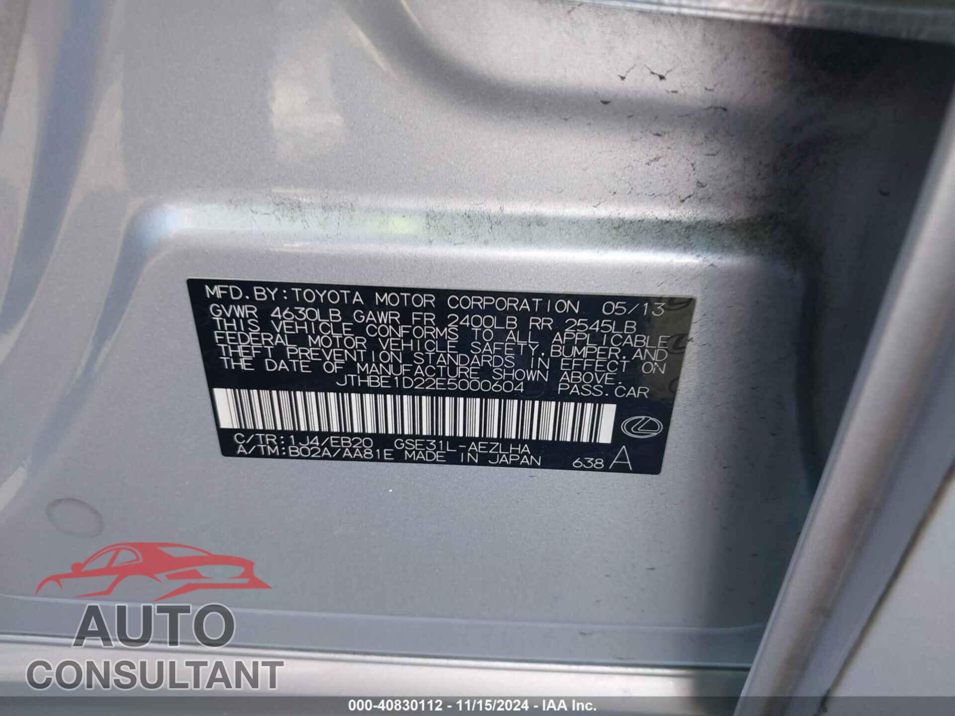 LEXUS IS 350 2014 - JTHBE1D22E5000604