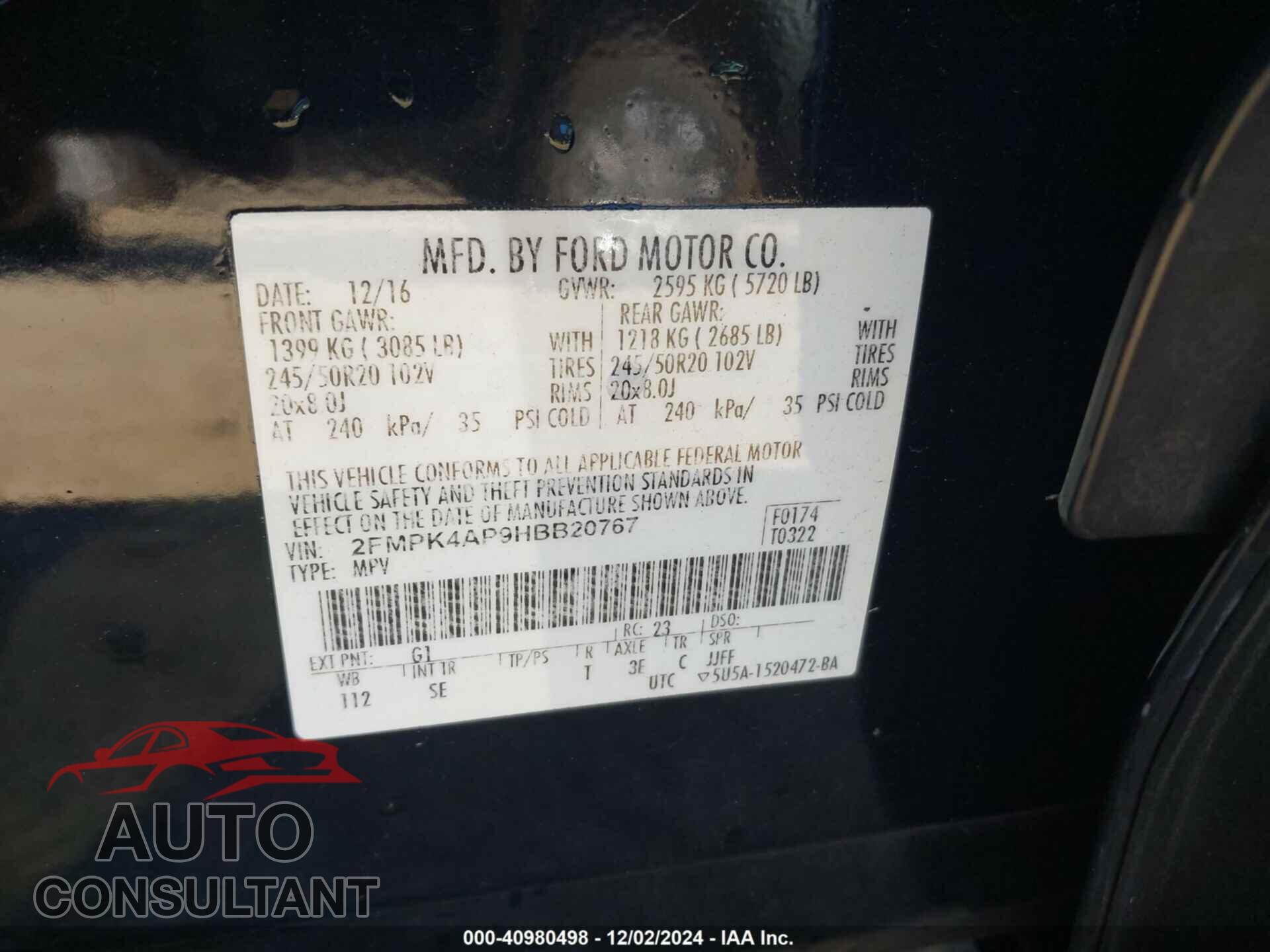 FORD EDGE 2017 - 2FMPK4AP9HBB20767