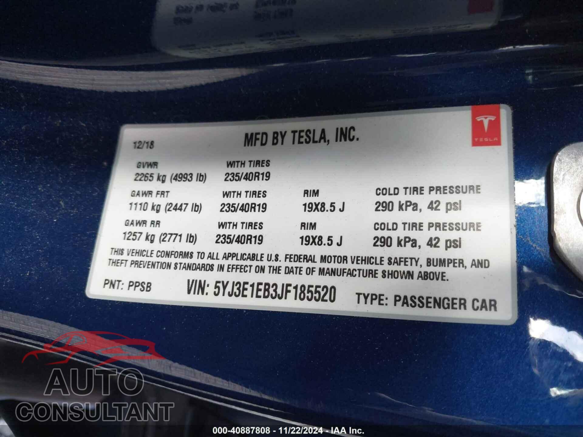 TESLA MODEL 3 2018 - 5YJ3E1EB3JF185520