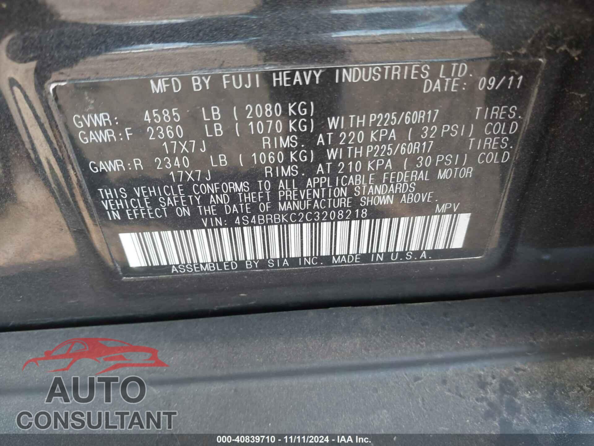 SUBARU OUTBACK 2012 - 4S4BRBKC2C3208218