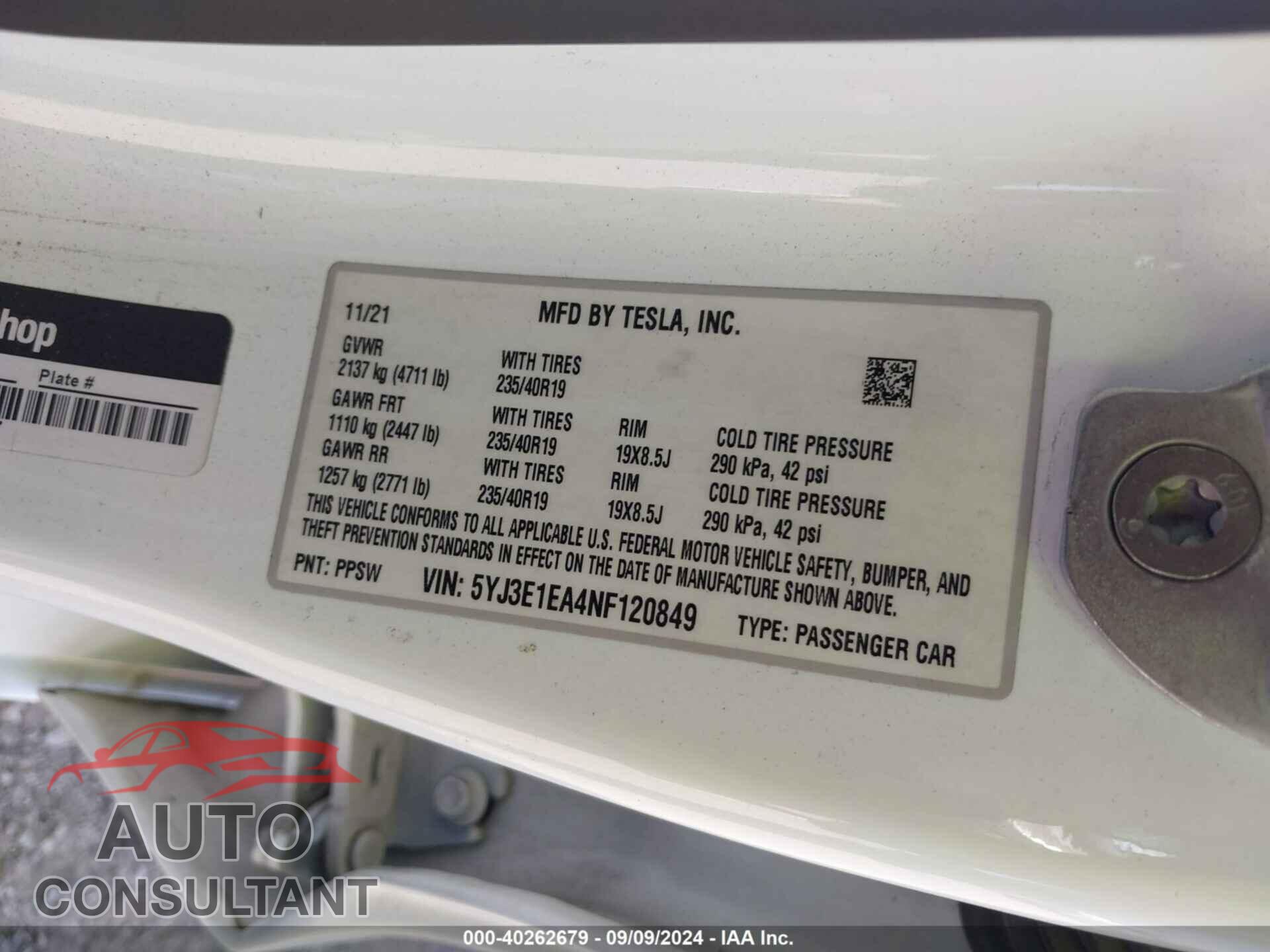 TESLA MODEL 3 2022 - 5YJ3E1EA4NF120849
