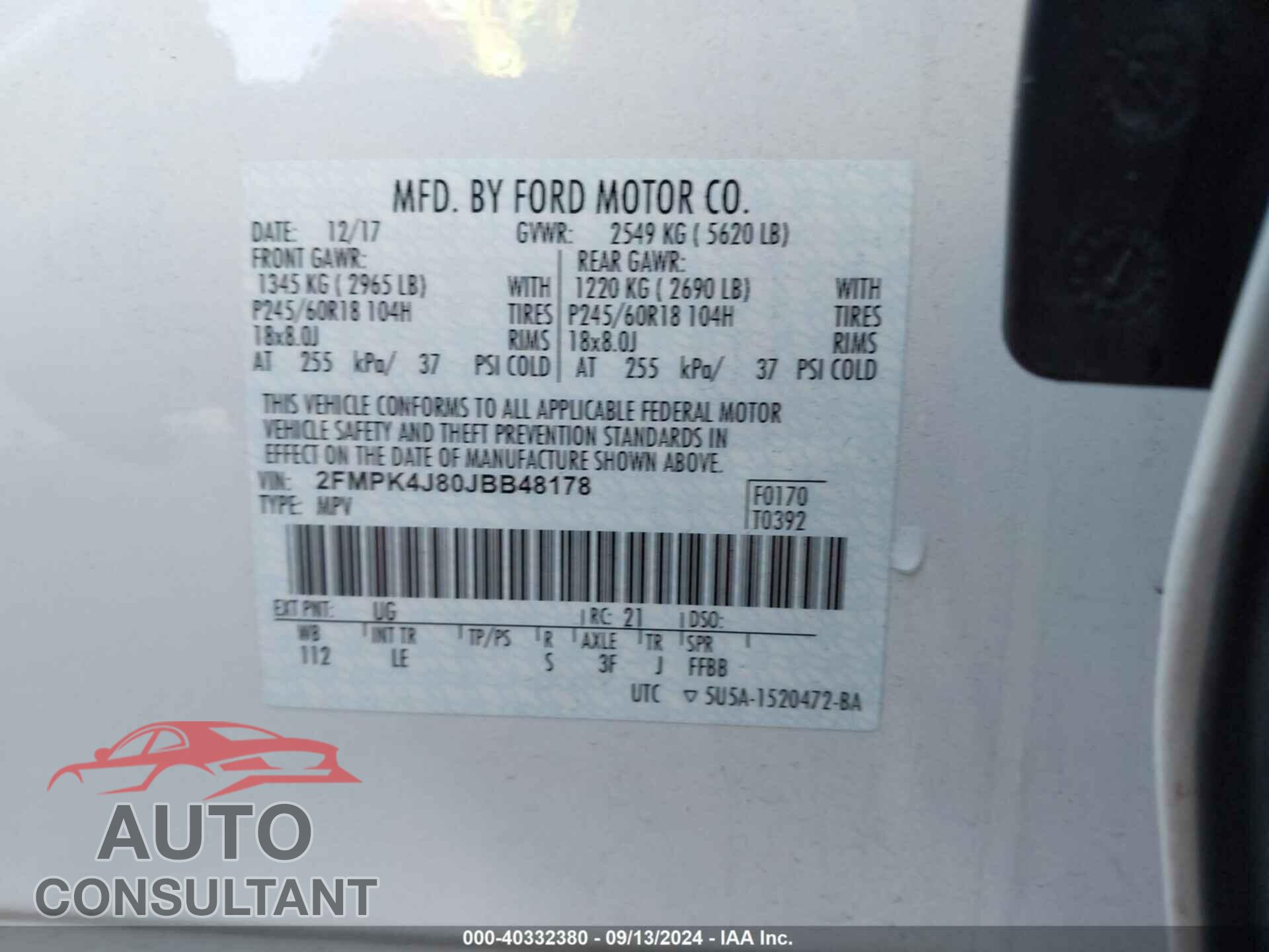 FORD EDGE 2018 - 2FMPK4J80JBB48178