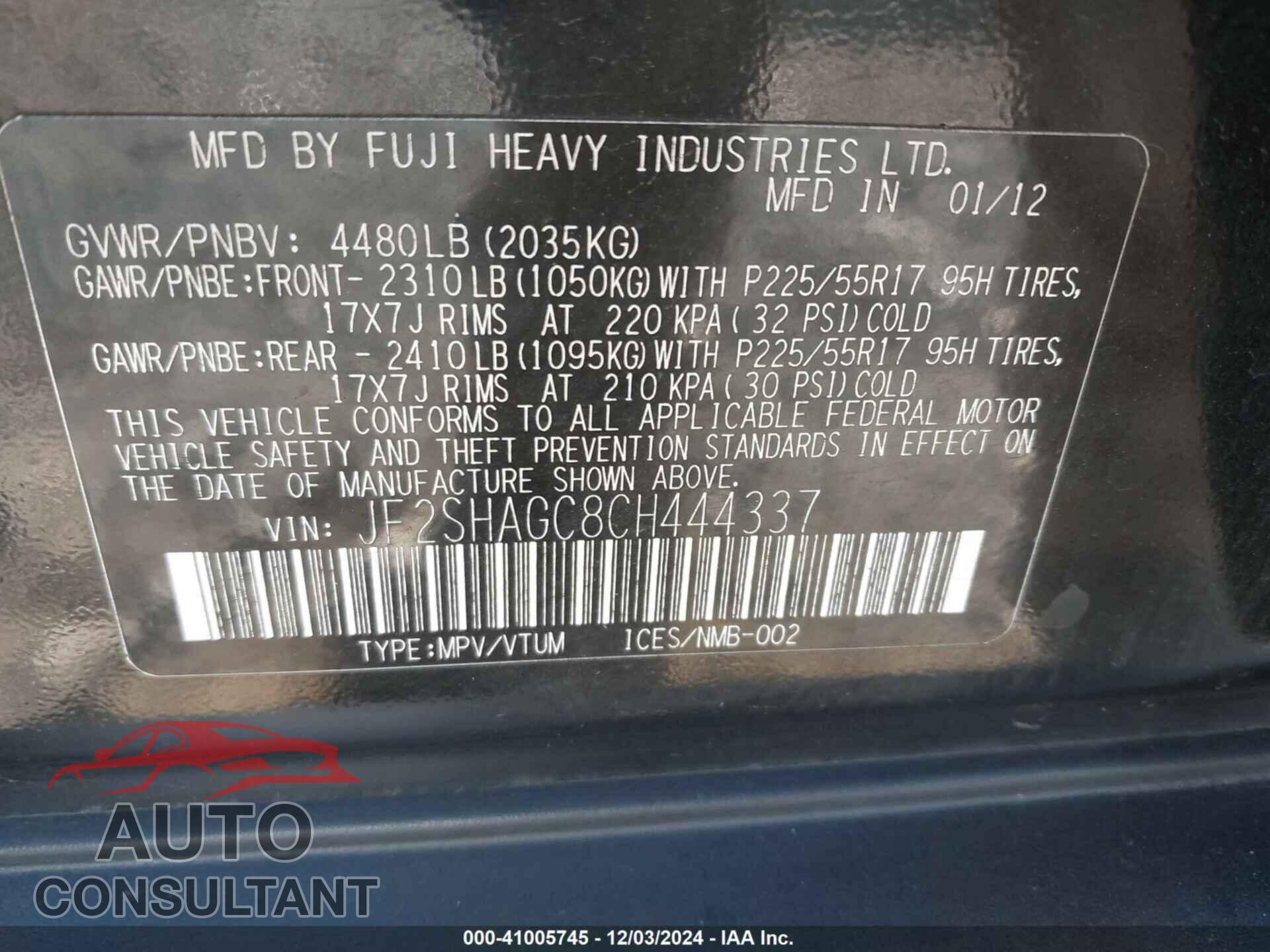 SUBARU FORESTER 2012 - JF2SHAGC8CH444337