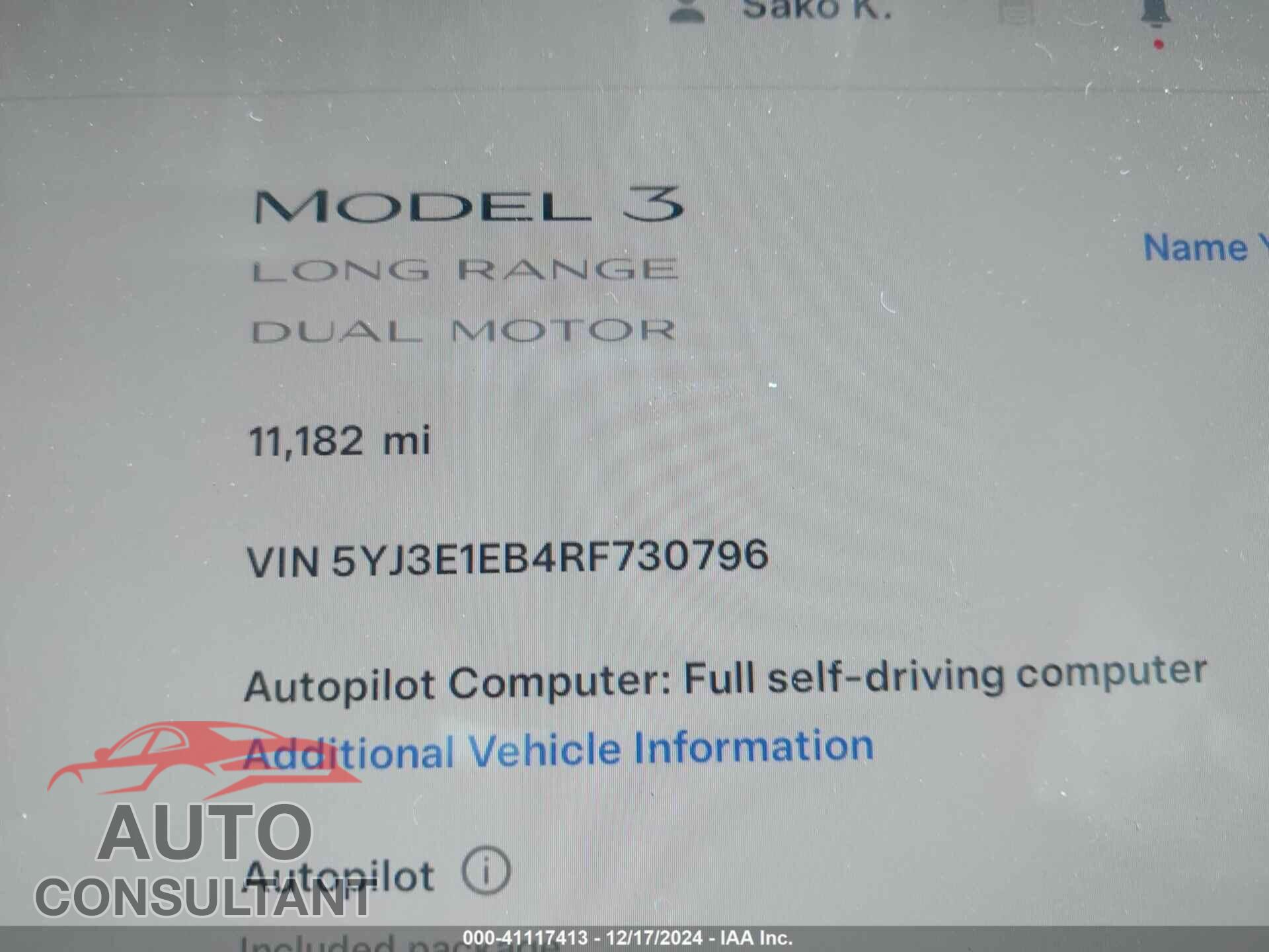 TESLA MODEL 3 2024 - 5YJ3E1EB4RF730796