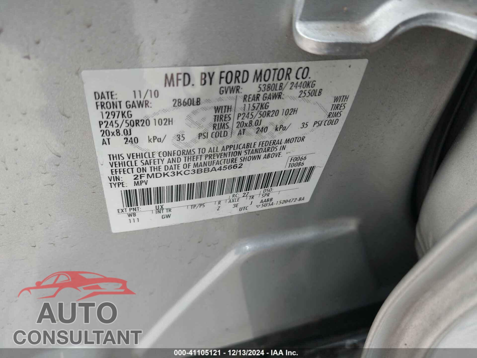 FORD EDGE 2011 - 2FMDK3KC3BBA45662