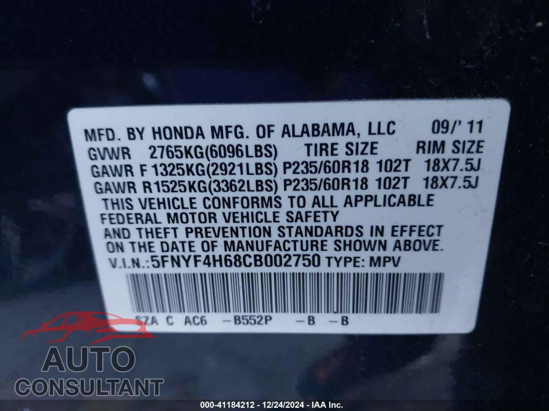 HONDA PILOT 2012 - 5FNYF4H68CB002750