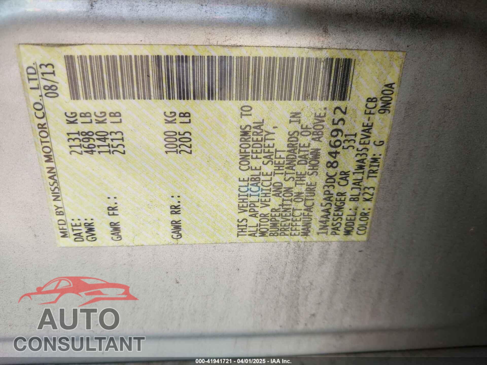 NISSAN MAXIMA 2013 - 1N4AA5AP3DC846952