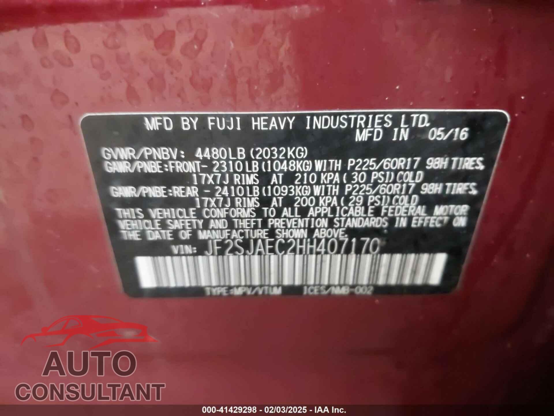 SUBARU FORESTER 2017 - JF2SJAEC2HH407170
