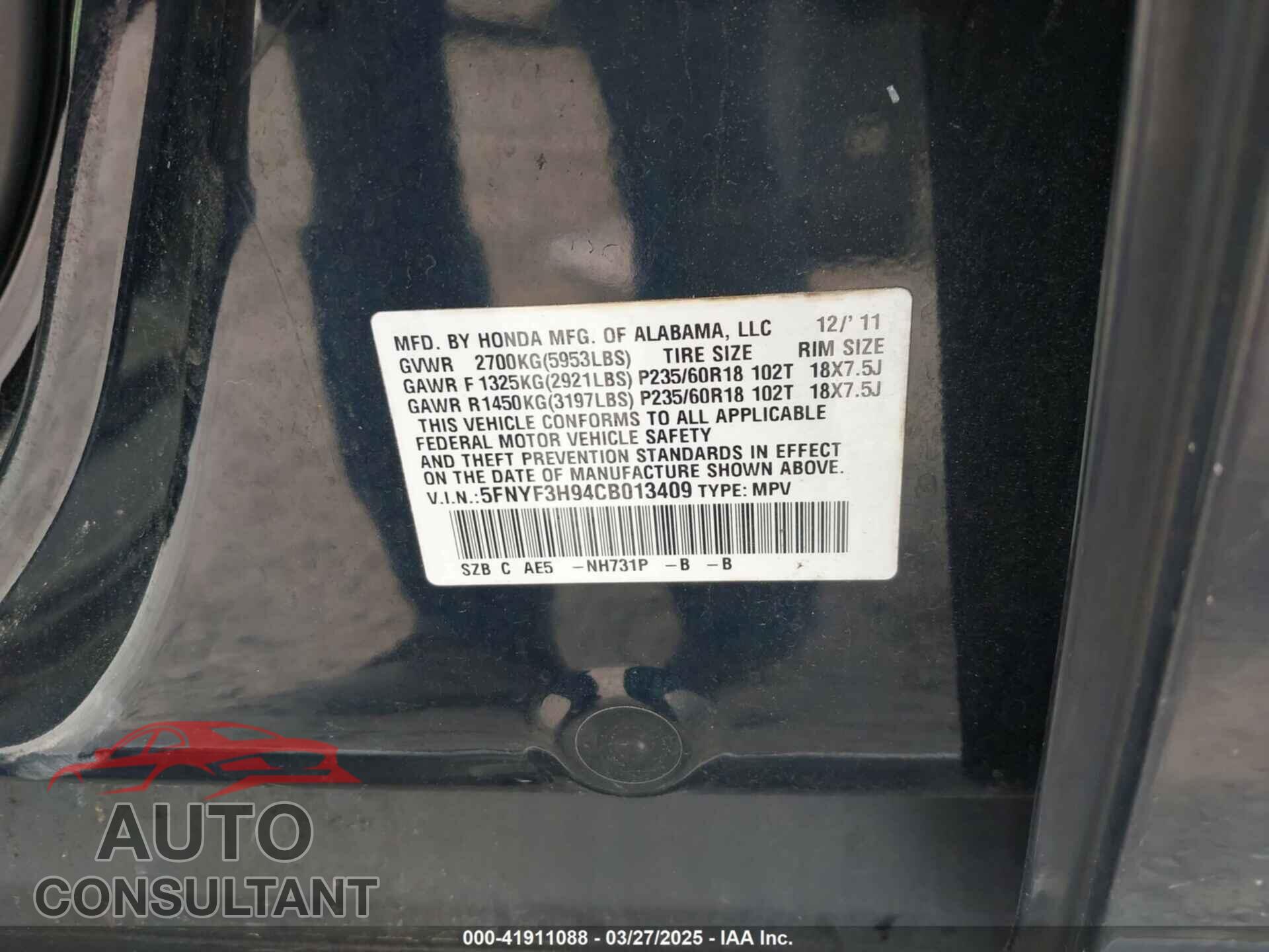 HONDA PILOT 2012 - 5FNYF3H94CB013409