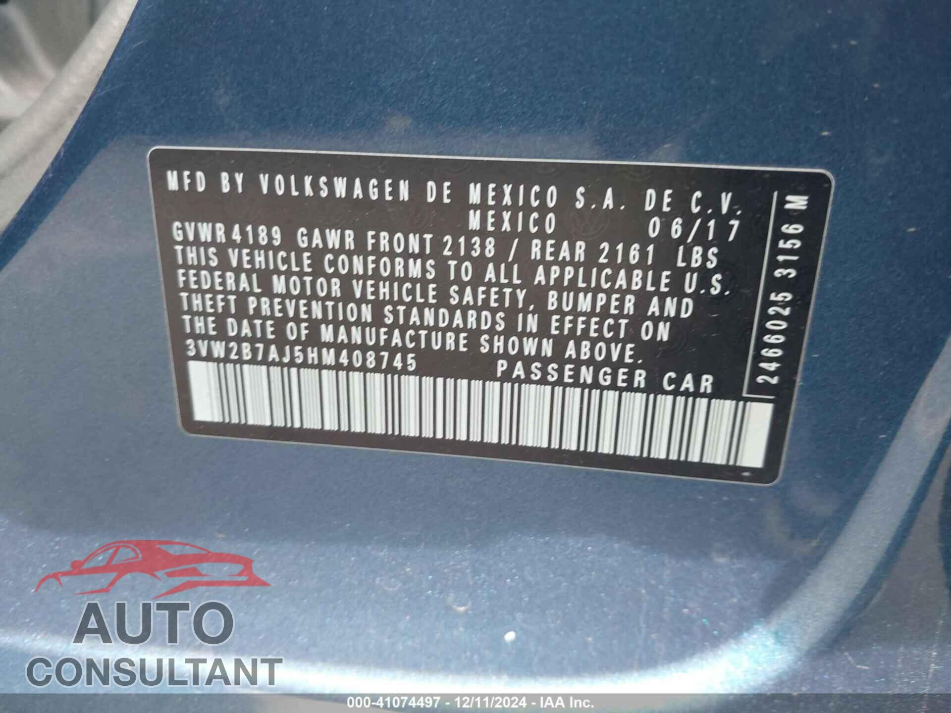 VOLKSWAGEN JETTA 2017 - 3VW2B7AJ5HM408745