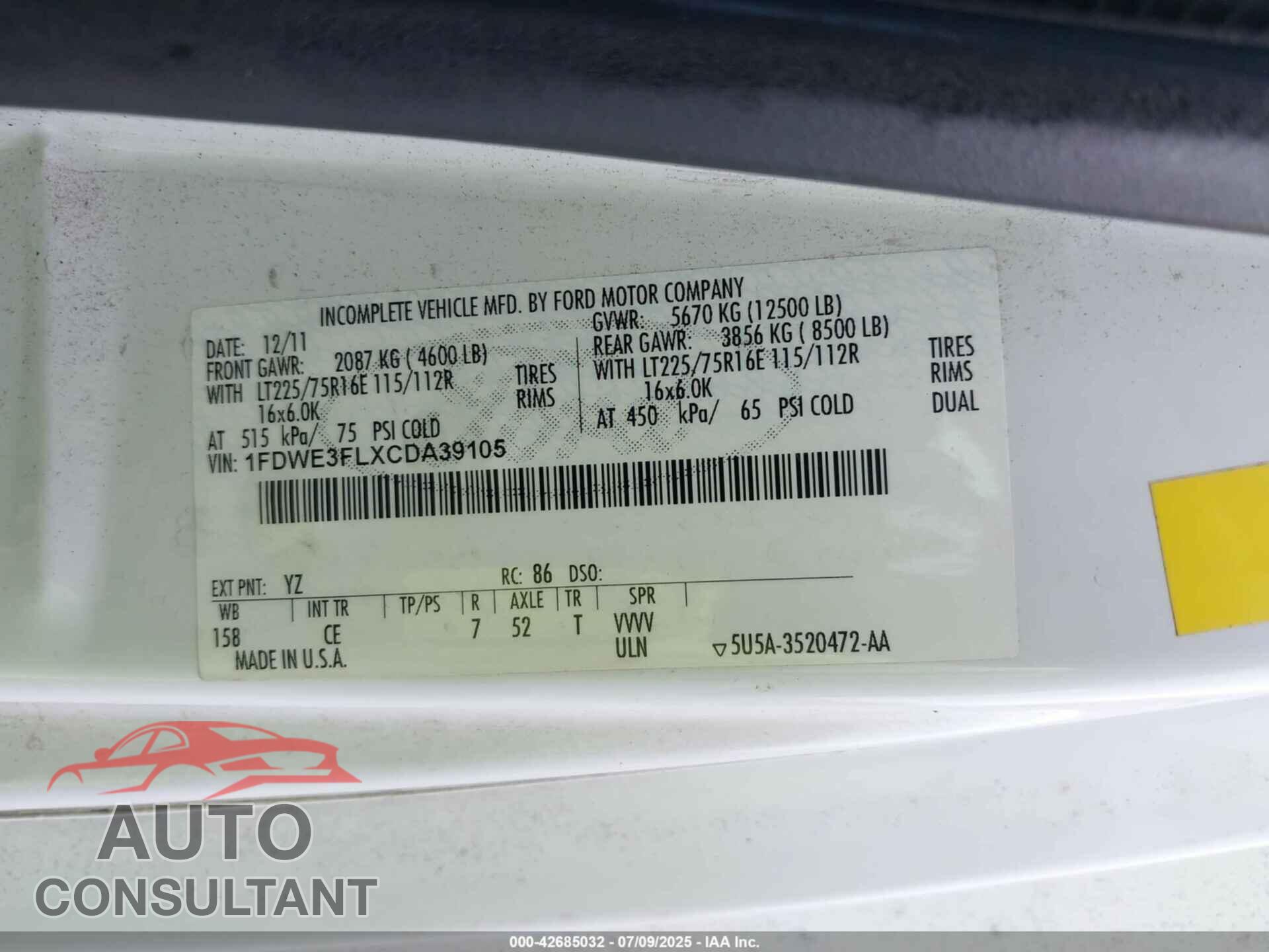 FORD E-350 CUTAWAY 2012 - 1FDWE3FLXCDA39105