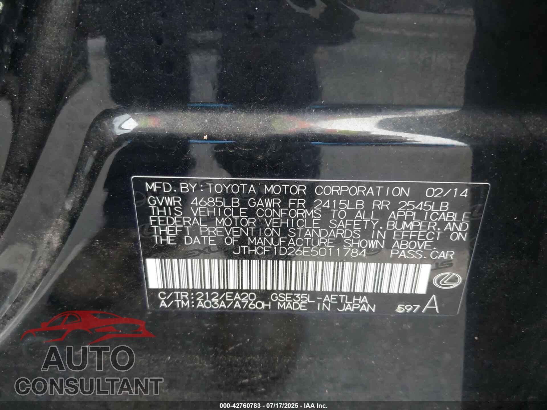 LEXUS IS 2014 - JTHCF1D26E5011784