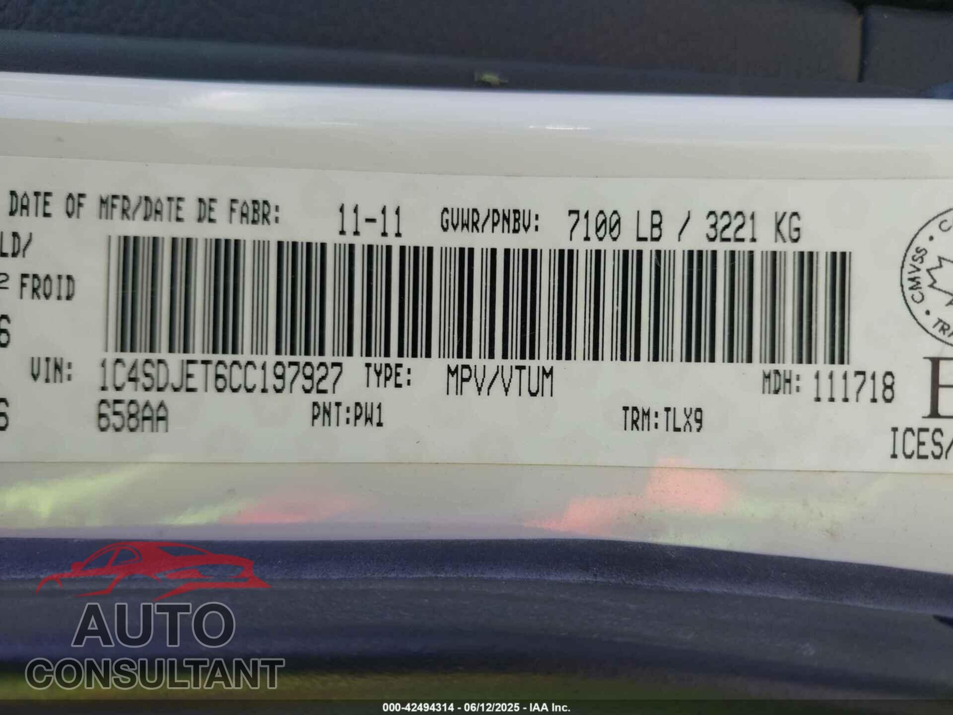 DODGE DURANGO 2012 - 1C4SDJET6CC197927
