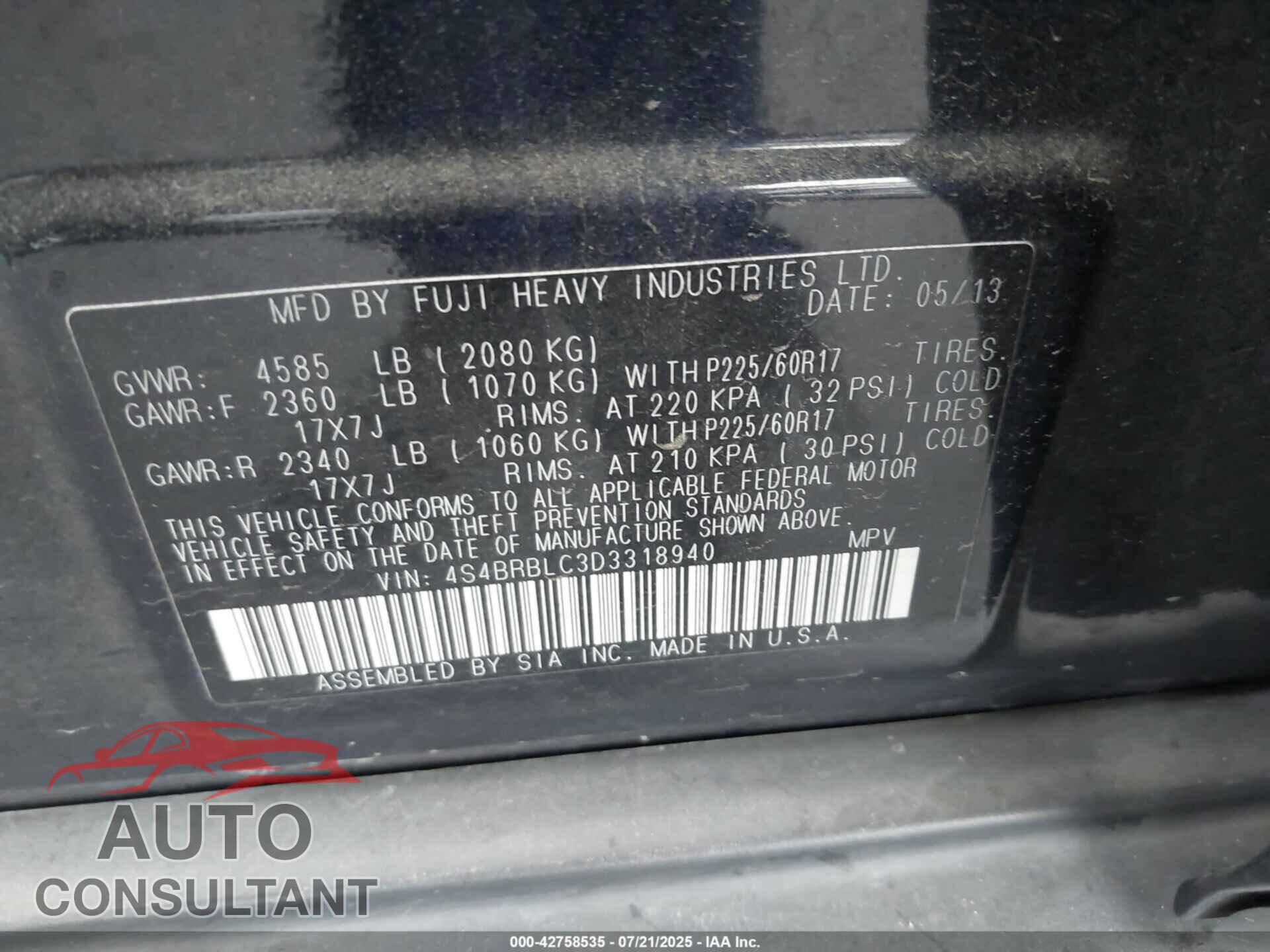SUBARU OUTBACK 2013 - 4S4BRBLC3D3318940