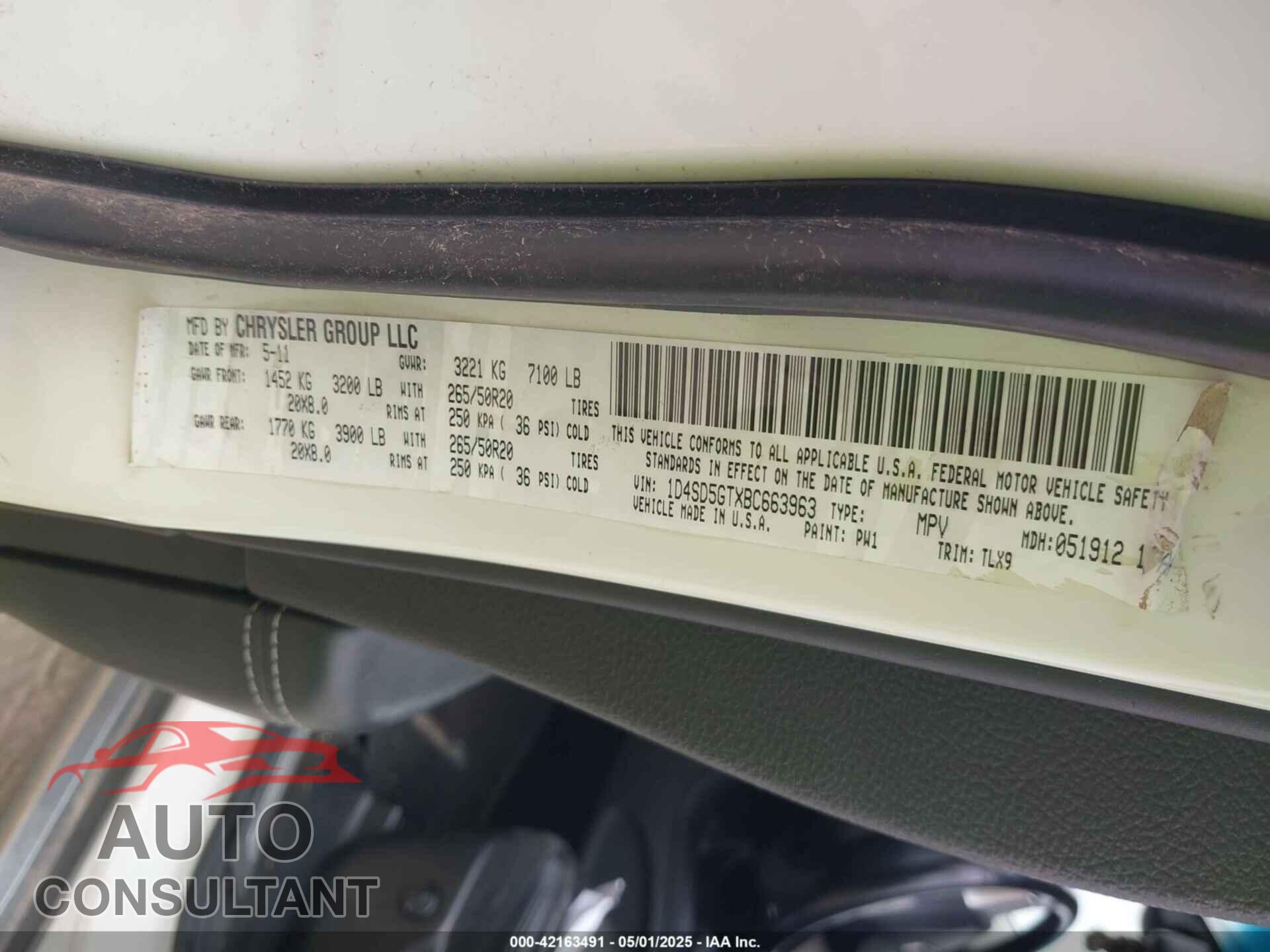 DODGE DURANGO 2011 - 1D4SD5GTXBC663963